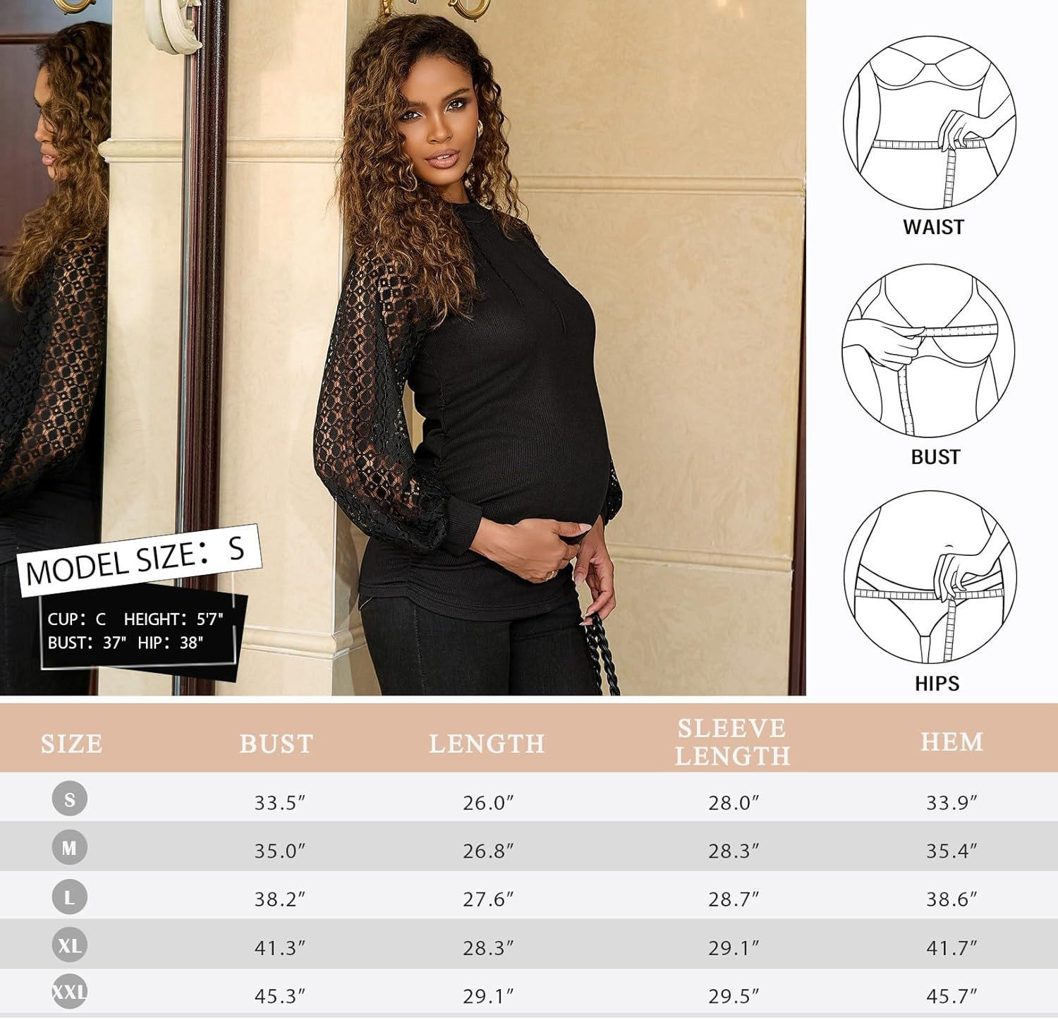 Bhome Maternity Long Sleeve Pleated Shirts for Women Business Casual Lace Tops Blouses
