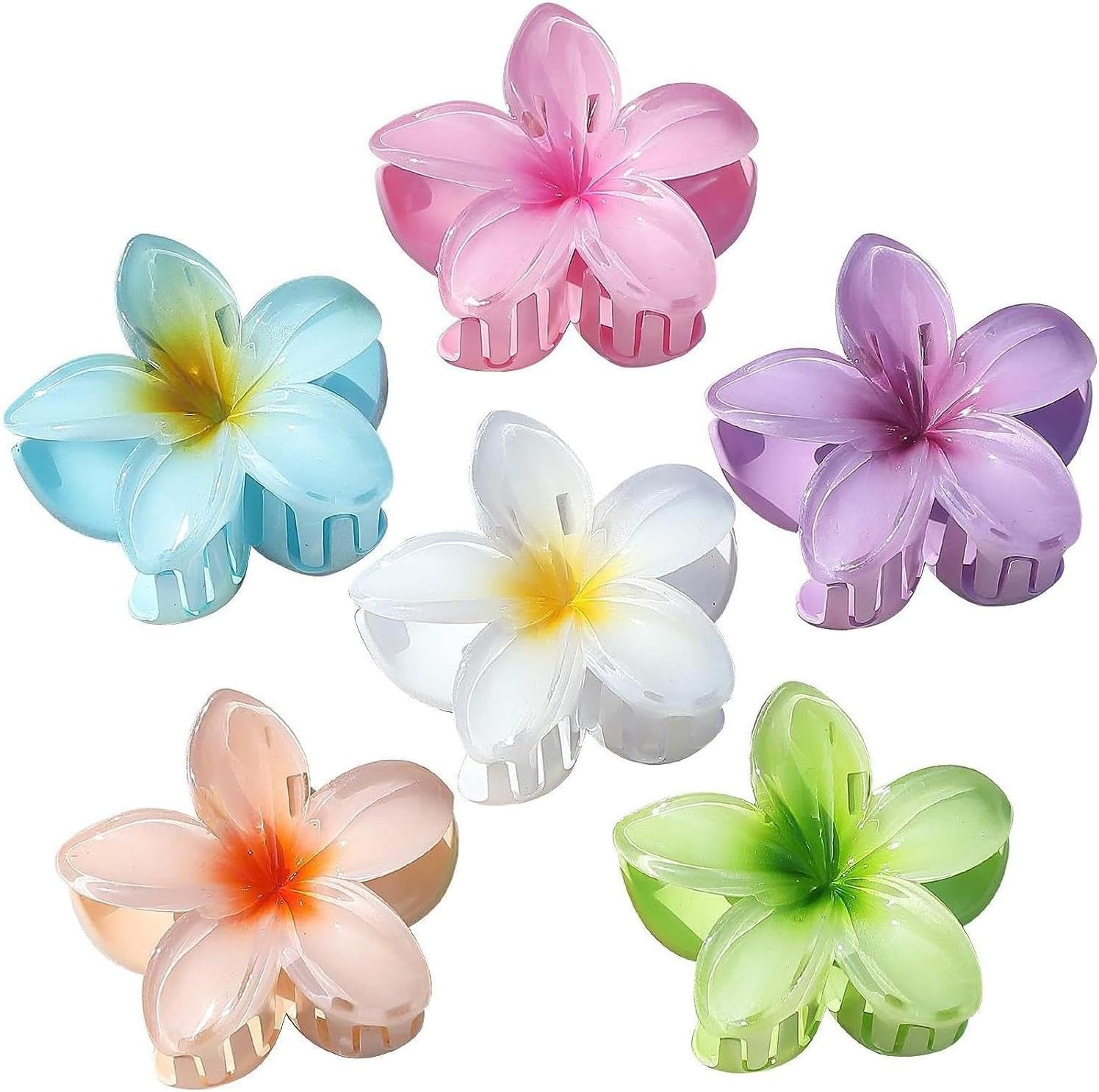 6 Pack Large Claw Clips for Women, Hawaiian Plumeria Hair Accessories, Non-Slip Claws for Thick, Thin, Curly Hair, Tropical Summer Hair Accessories, Beach, Gym, Everyday Use image number 1