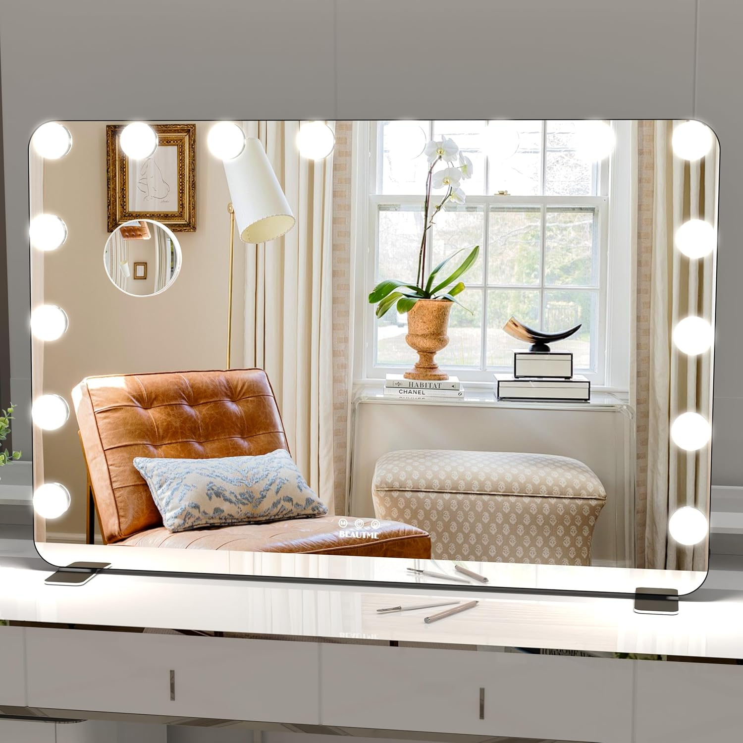 LETSFIELD Hollywood Mirror 91 X 62 Cm, Large Vanity Mirror with 16 Dimmable Lights for Bedroom, Desk Mirror or Wall Mounted Makeup Mirror, Including 10X Magnifying Mirror (Silver)