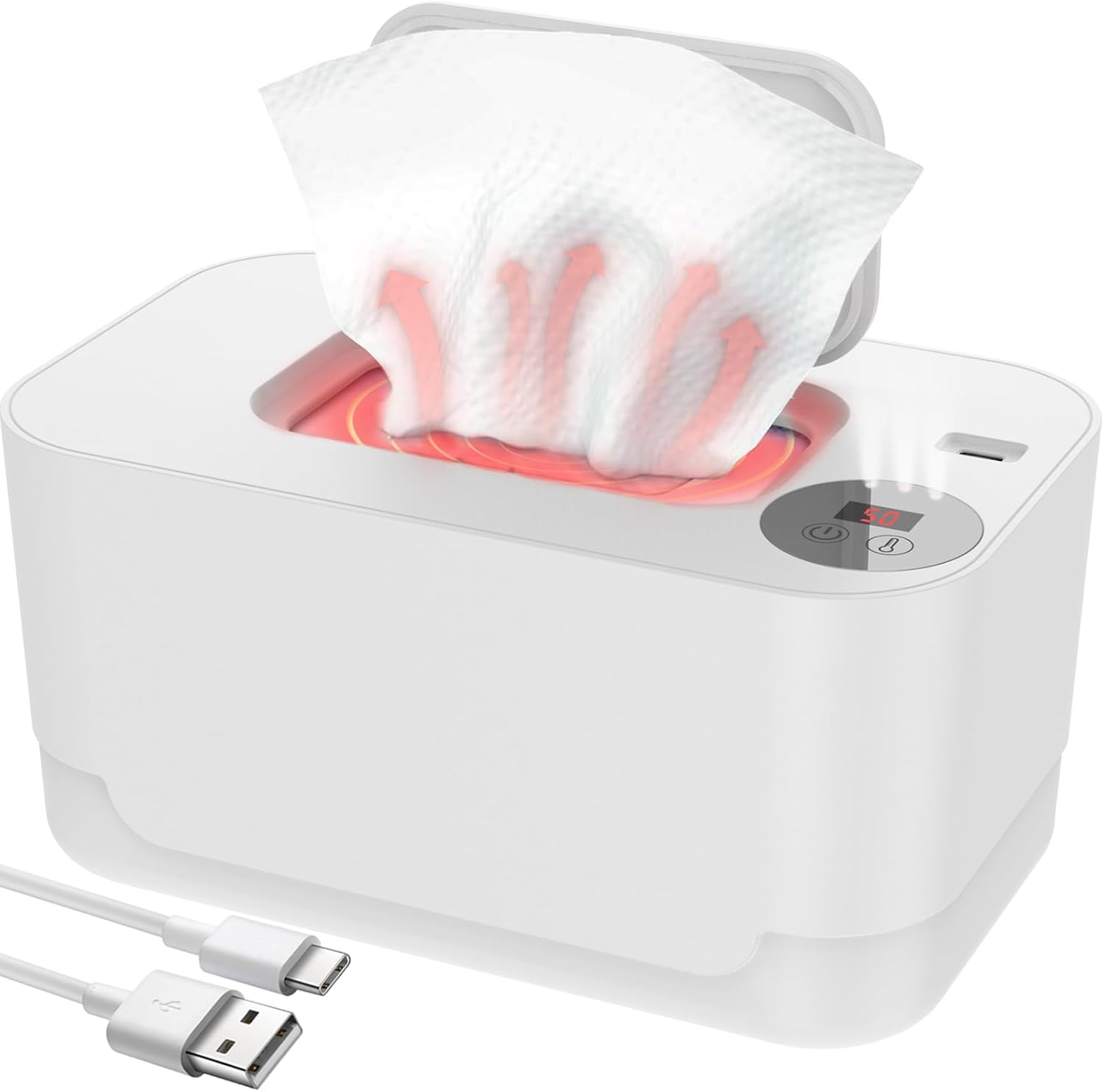 Baby Wipe Warmer with LED Light, 40-55&deg;C Adjustable Baby Wipe Warmer Dispenser, USB Powered Wet Wipes Warmer for Baby Nursery (White) image number 4