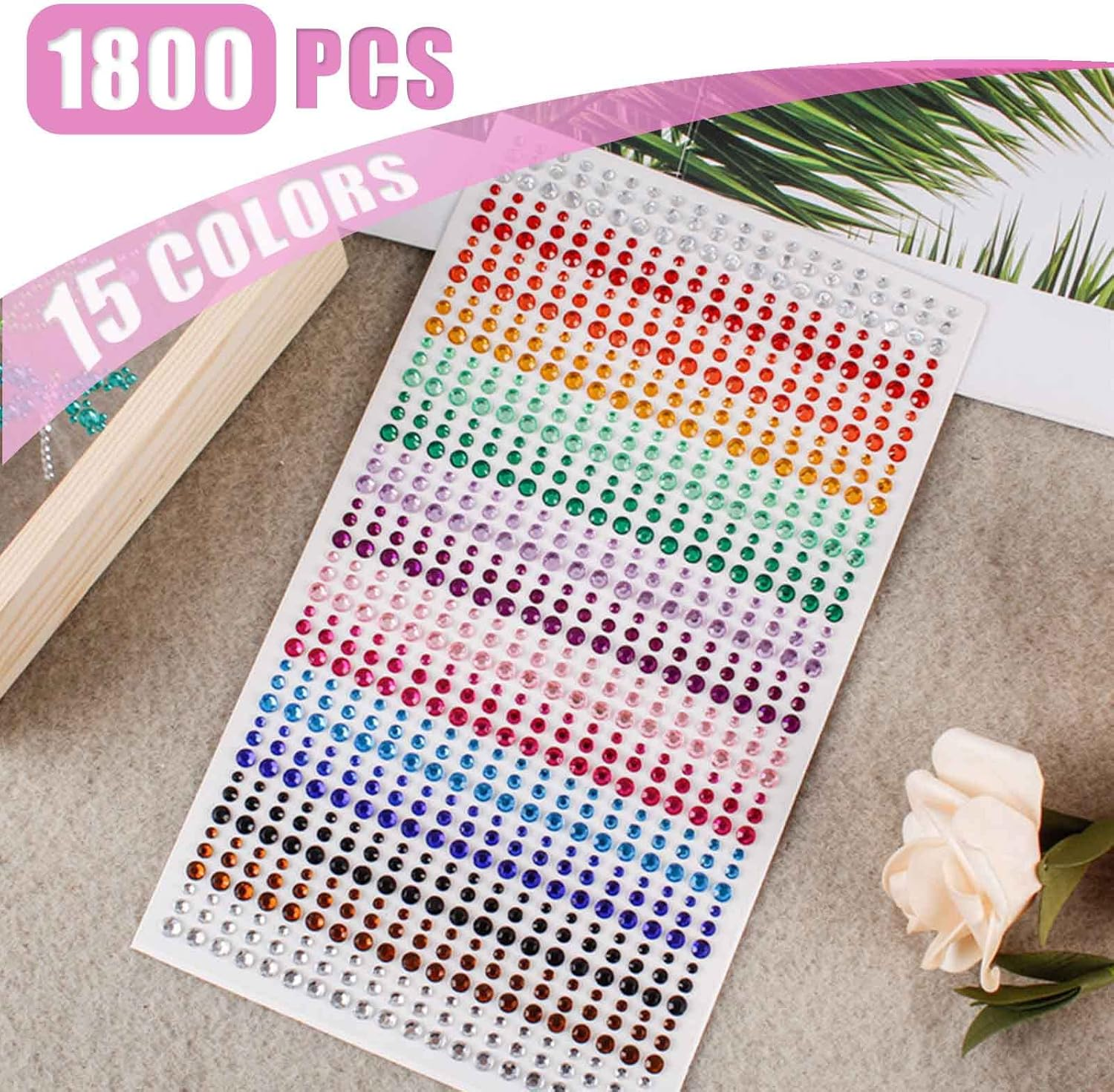 Bymivofun 1800Pcs Self Adhesive Rhinestone Gems with Tweezers 3-5Mm Colorful Rhinestone Stickers for DIY Fingernail Mobile Phone Clothing Decorations image number 1