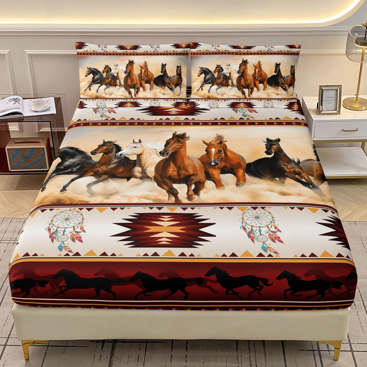 AILONEN 3D Horse Fitted Sheet Set Twin XL Size, Galloping Horse Bedding Set for Kids Girls Boys,Vintage Animal Print Bed Sheet Set for Bedroom Decor,1 Fitted Sheet + 2 Pillowcases,3 Pieces