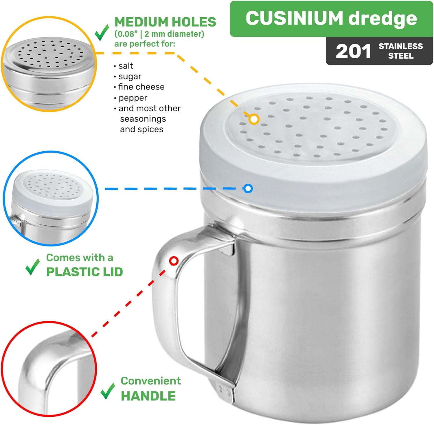 CUSINIUM Metal Salt Pepper Dredge Shakers - with Handle - Seasonings Spice Shakers with Holes and Lids - 10 Ounce, 2Pcs | Style: Medium image number 3