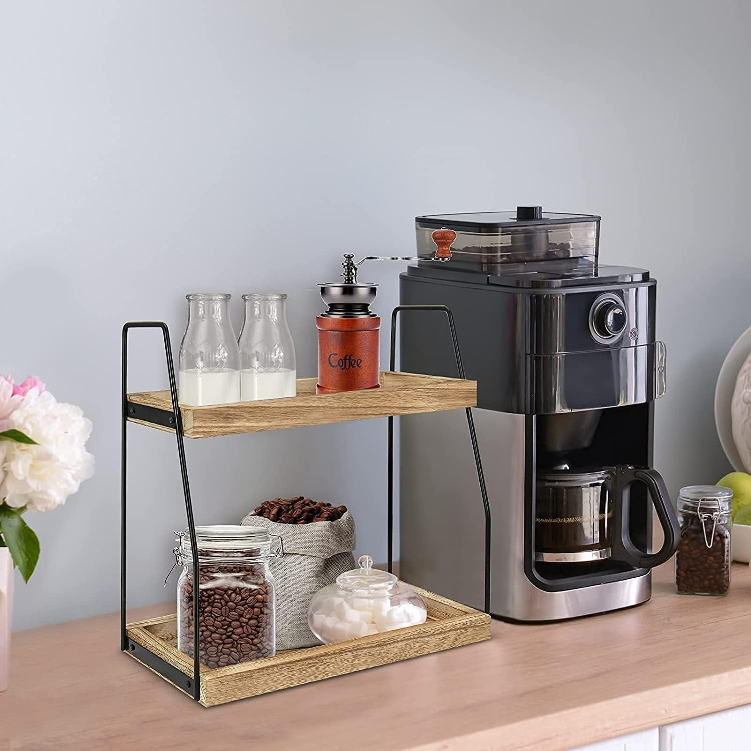 Coffee Bar Organizer, Coffee Station Organizer for Countertop, Farmhouse Coffee Bar Accessories Holder, Coffee Pod Storage Rack, Wooden Shelf for Bathroom, Kitchen, Coffee Bar Decor (Beige-A) image number 2