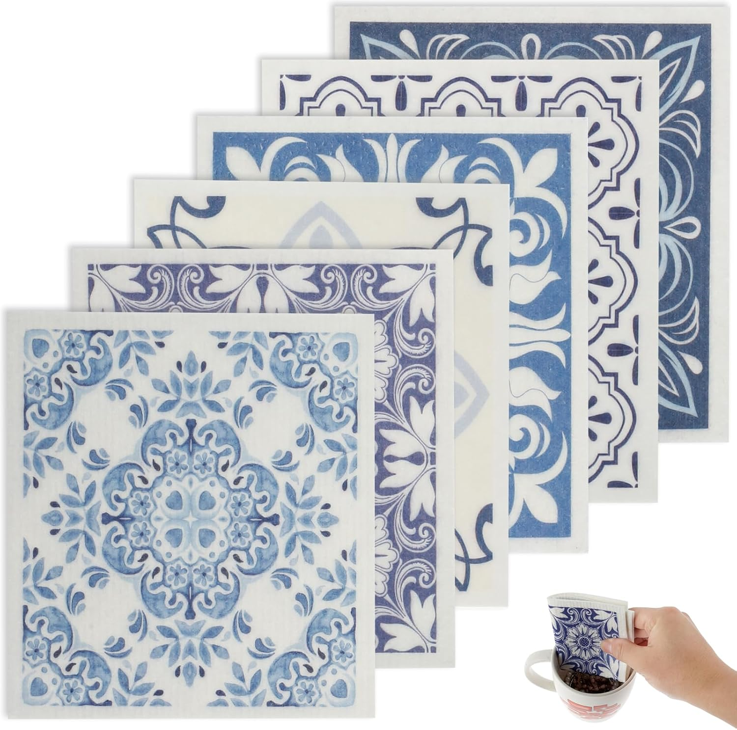 6Pcs Swedish Dishcloths - Reusable Kitchen Dish Cloth Towels - Absorbent Kitchen Dish Rags - Soft Cellulose Sponge Cloths - 7.7 X 6.7Inch - Blue, Geometric Pattern image number 4