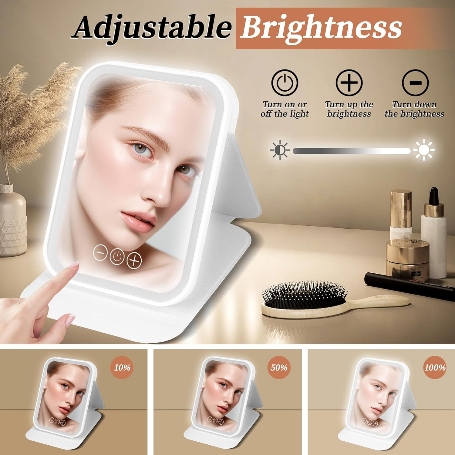 Rechargeable Travel Vanity Mirror with 40 Led Lights, Portable Lighted Beauty Makeup Mirror, 3 Color Lighting, Touch Dimming, Tabletop Folding LED Mirror with Leather Case, White