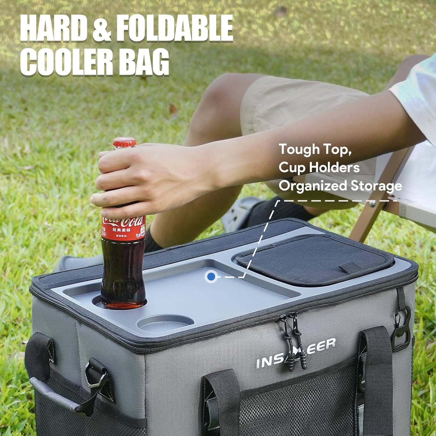 INSMEER Soft Cooler Bag with Hard Shell & 2 Cup Holders, Portable 40L/70 Cans Collapsible Cooler Insulated with Leakproof for Travel, Ice Chests and Coolers for Beach Camping Picnic image number 3