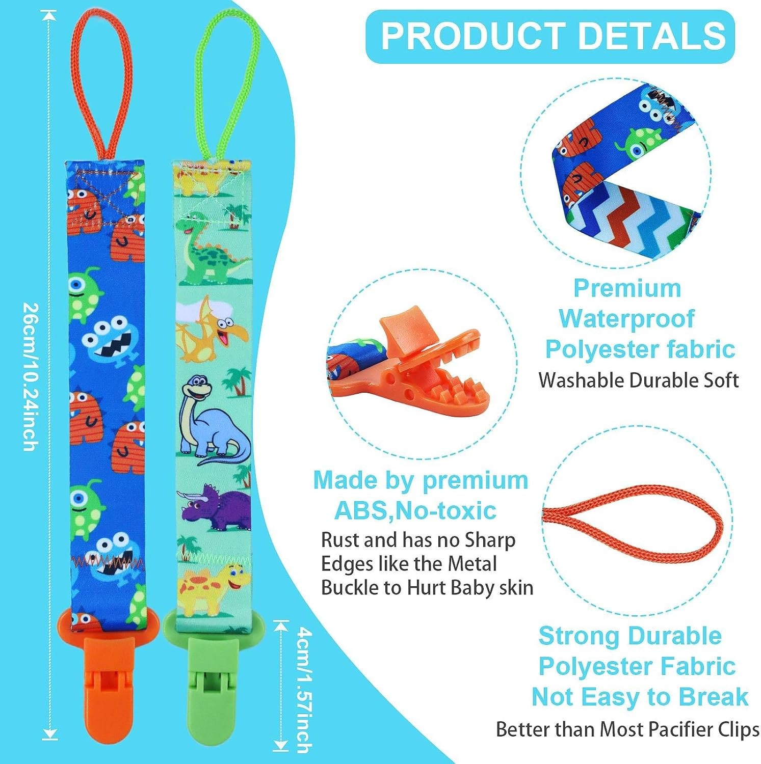 6 Pack Baby Pacifier Clip for Boys and Girls, Fits for Most Pacifiers, Cute Animals Pacifier Holder Dummy Clips Chain, Binky Styles Strap Holder, Lightweight Perfect for Kids Baby Teethers & Toy image number 4