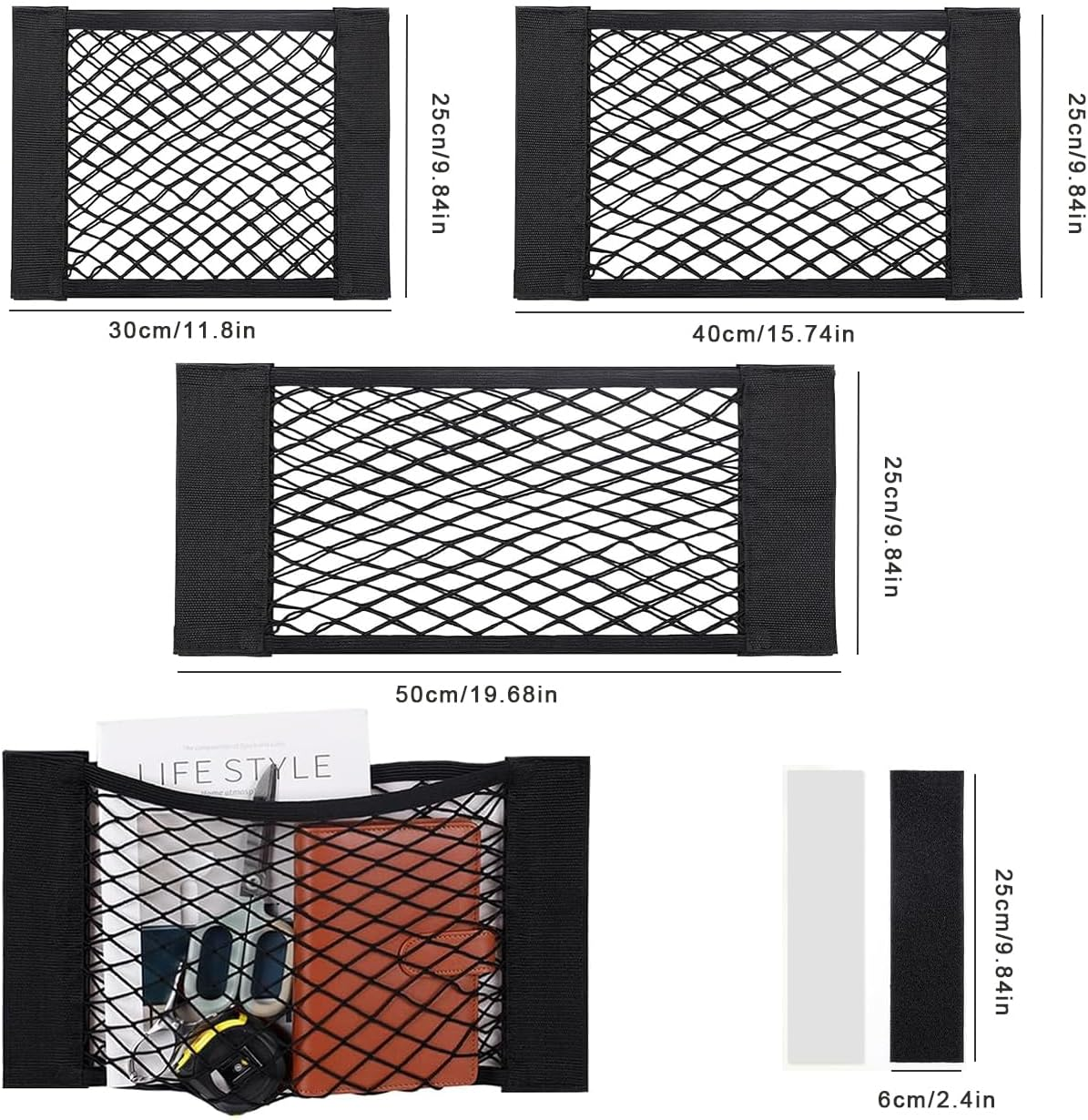4-Pack Car Mesh Cargo Net | Universal Storage Organizer (25-50Cm) | Adhesive Wall Pocket for Car Boot, RV, Home | Elastic Trunk Storage Solution with 8 Tape Stickers image number 1