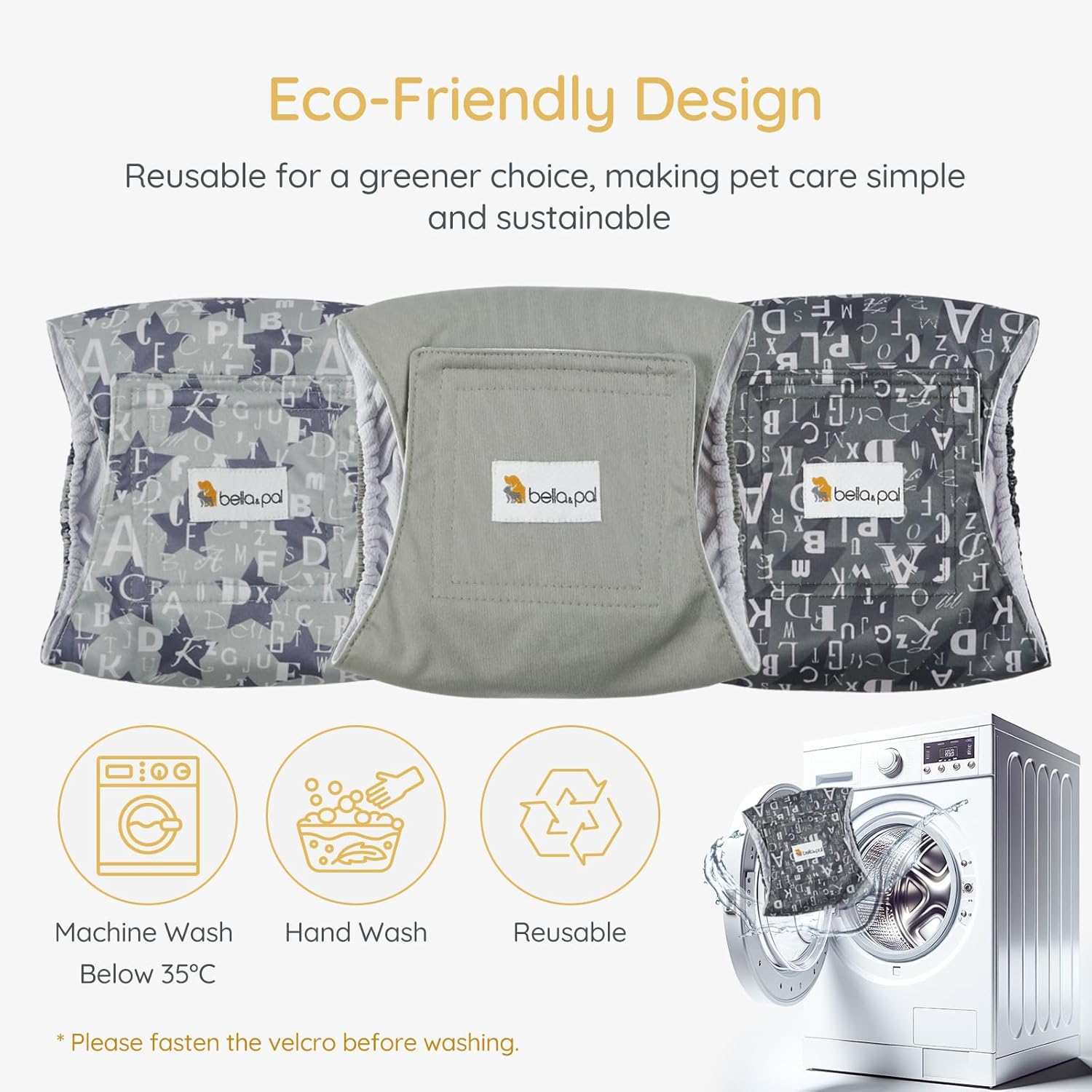 Bella & Pal Male Dog Diapers 3 Pack, Reusable, Washable Belly Bands for Male Dogs, Comfortable and Absorbent Dog Wraps, Adjustable & Leak-Proof, L Size (Waist 16-20"), Gray image number 1