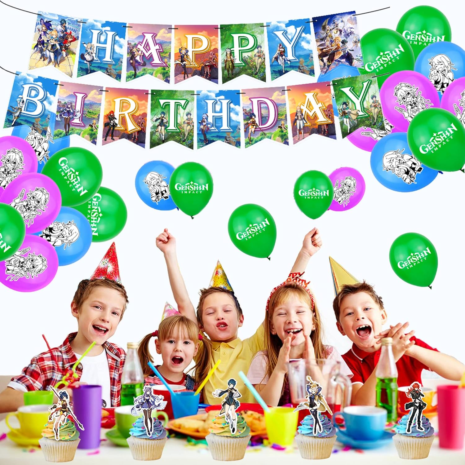 Genshin Impact Birthday Balloons & Decorations - Blue Traveler Themed Party Pack with Banner, 16 Latex Balloons & 13 Cake Toppers image number 4