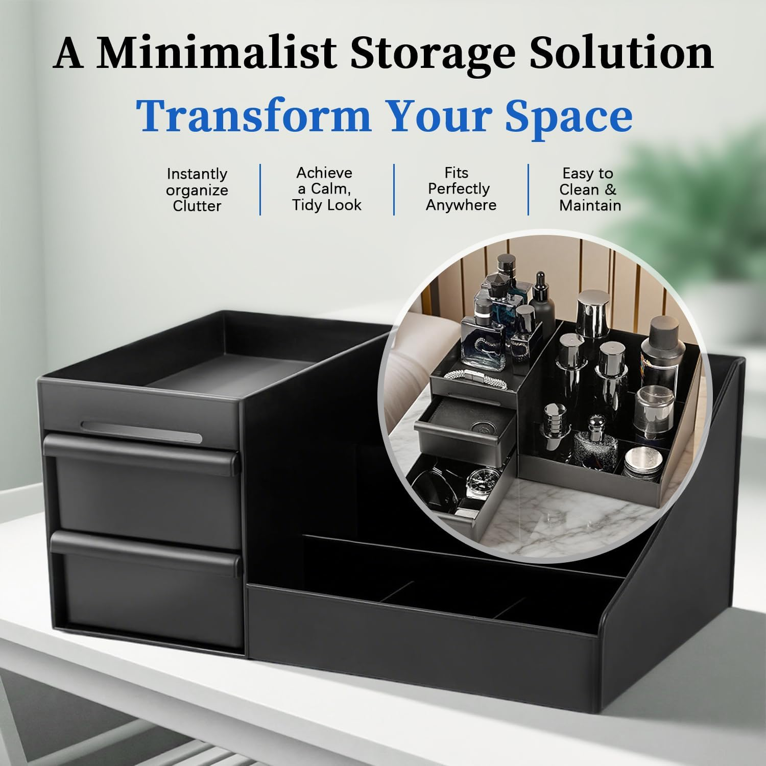 Omiention Perfume Display Stand, Black Countertop Organiser with Drawers, Fragrance and Accessories Storage Rack, 30 X 25 X 15 Cm image number 1