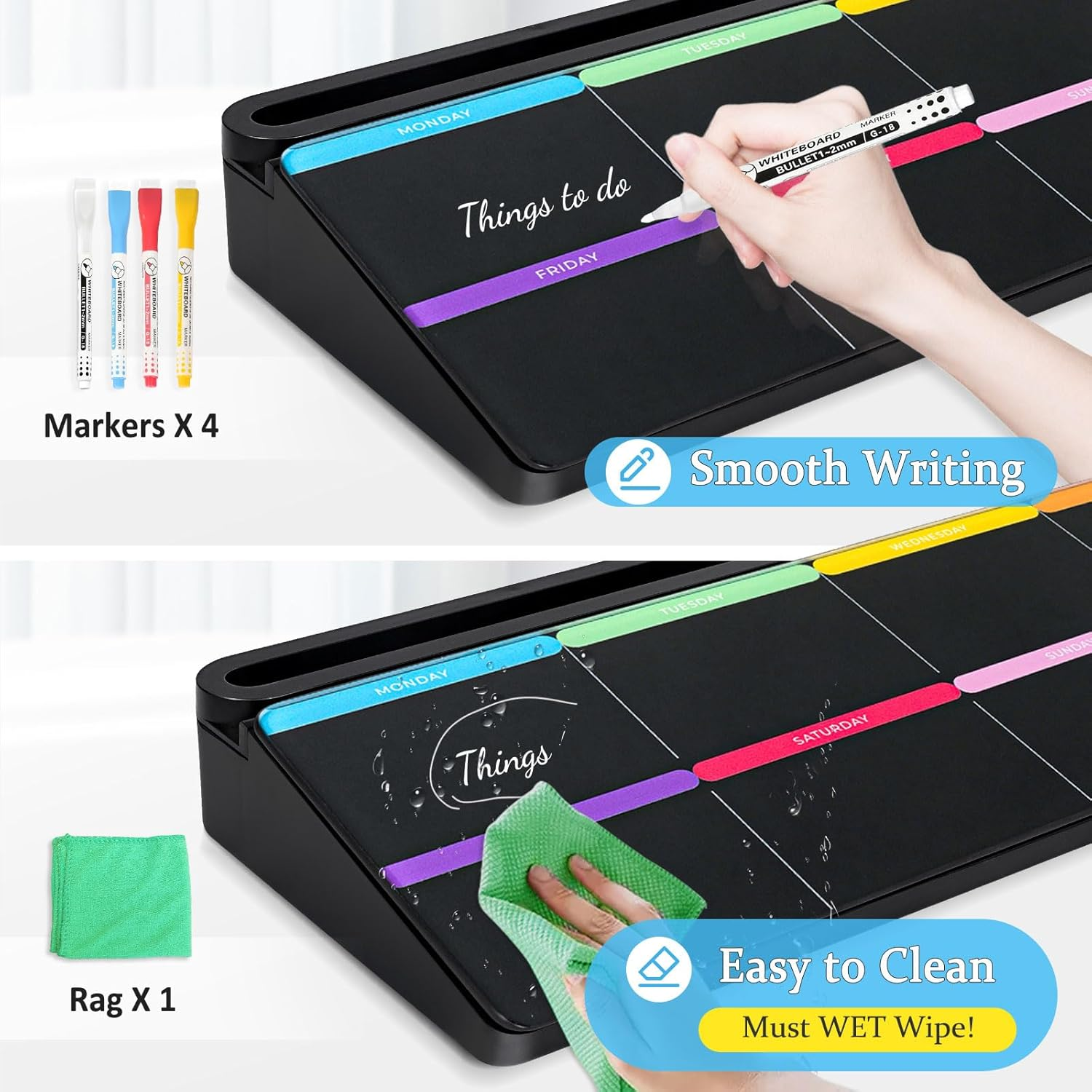 DOLLAR BOSS Glass Desk Whiteboard Calendar Small Dry Erase Board Desktop White Board with Storage Drawer Computer Keyboard Stand Desk Organizer, Colourful Print, Black