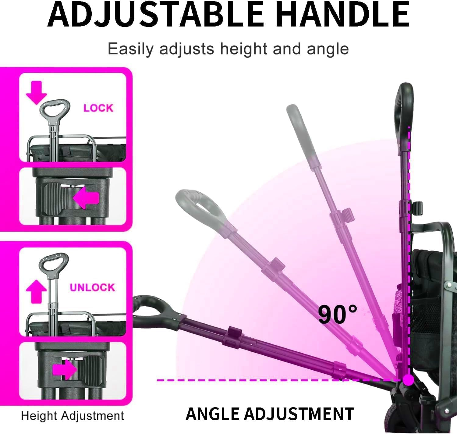 Fohouse Collapsible Folding Wagon, Portable Large Wagon Cart, Large Capacity Heavy Duty Wagon Cart with Wheels, Utility Grocery Wagon with Side Pocket and Brakes for Camping Garden Sports - Black image number 6