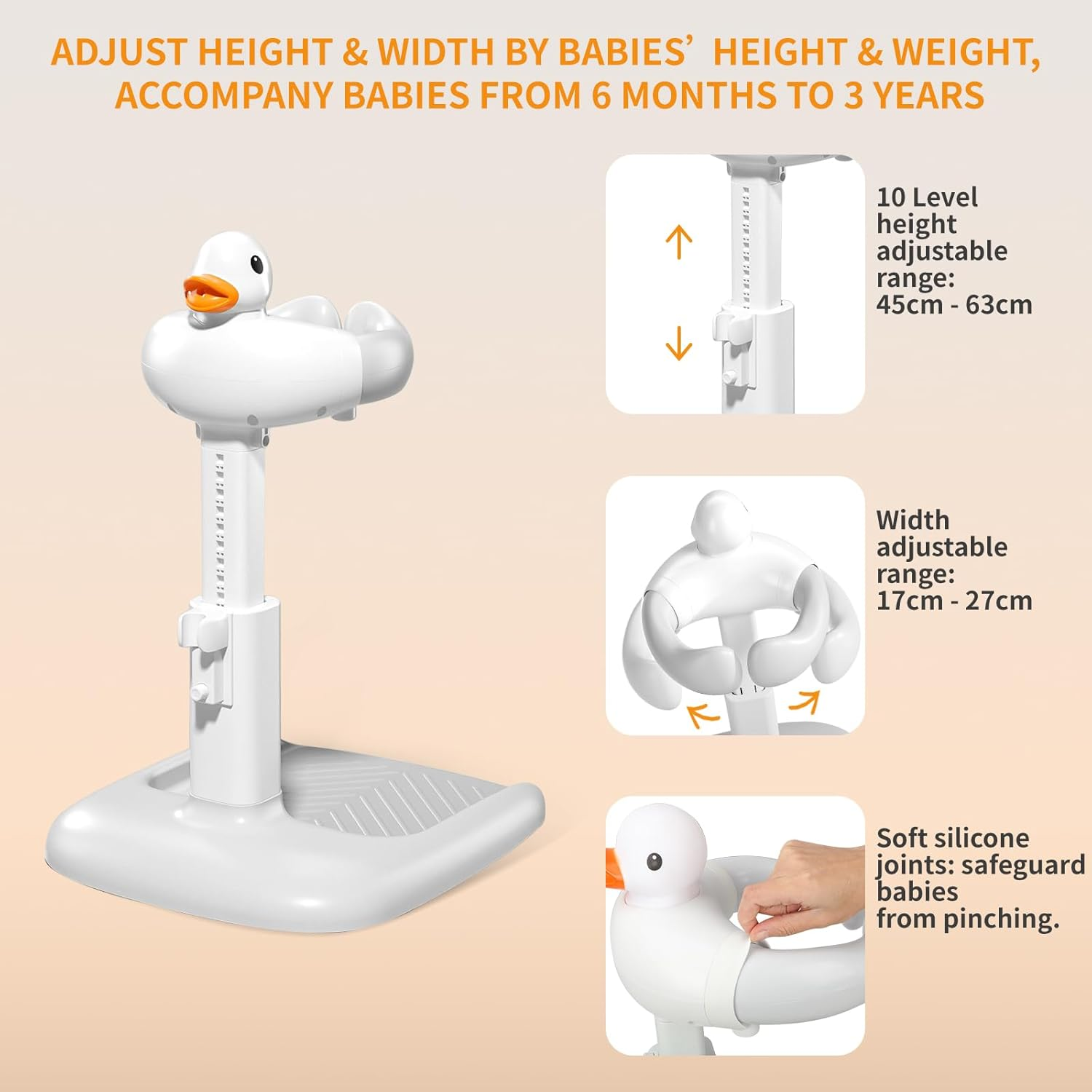 Kinsdan Adjustable Baby Bath Stand with Stool for 12+ Months，Shower Stand with Hand Holder, Baby Standing Bath Anti-Slip and Anti-Pinch Design for Bathing image number 6