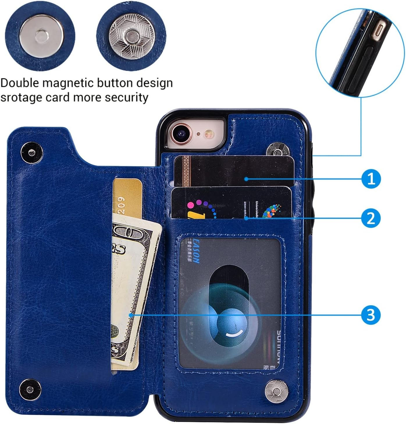 Wallet Case for Iphone 7/8,For Iphone SE 2020/SE 5G 3Rd Gen Case[Double Magnetic Clasp Durable Shockproof Cover] with Card Holders PU Leather Kickstand Card Slots-Blue image number 6