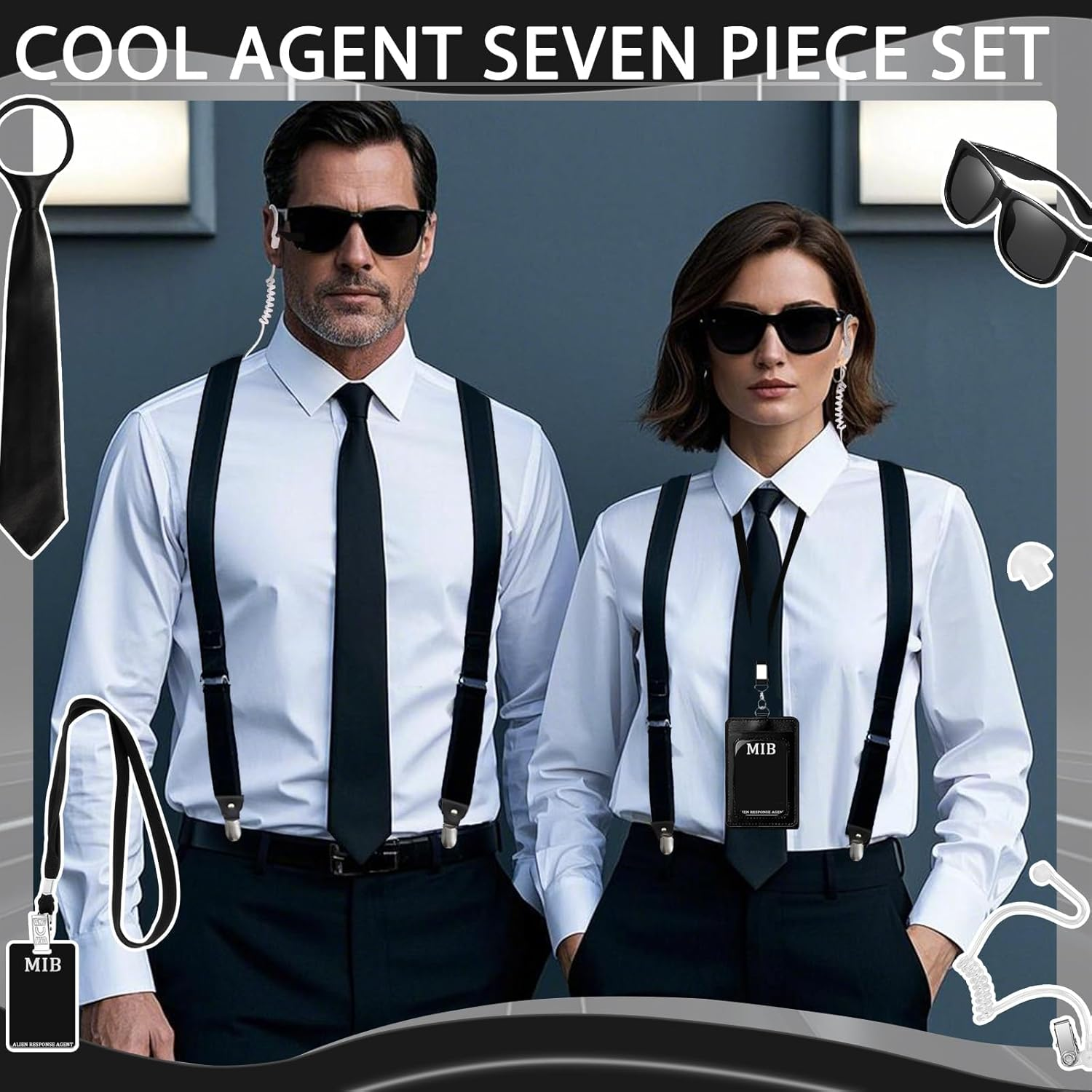 7PCS Agent Costume Accessories Set, Secret Service Fancy Dress Kit, Adult Spy Outfit with Suspenders Sunglasses Necktie Earpiece Zip Tie ID Card Holder for Men Cosplay Dress up Party Props image number 4