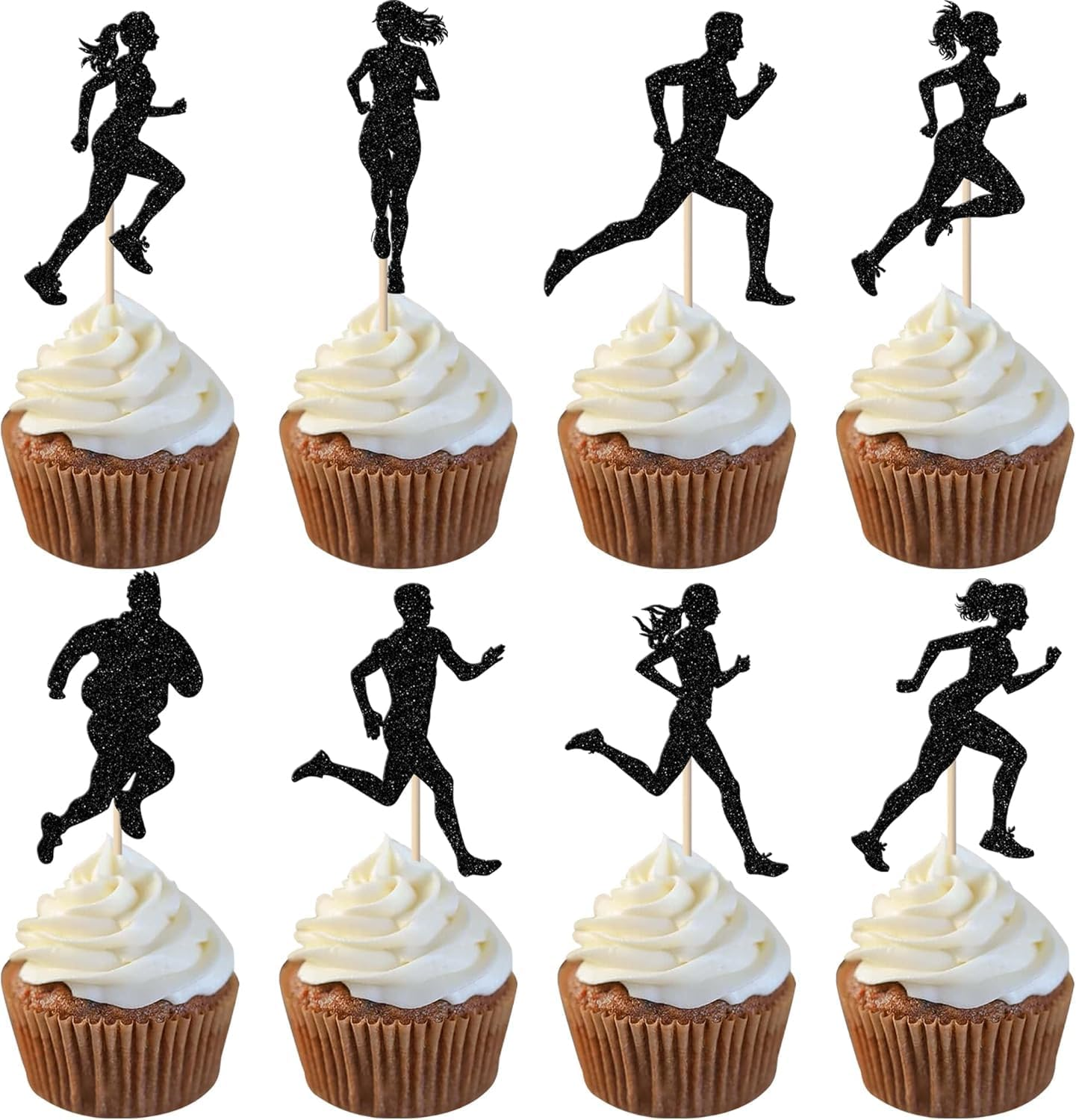SYKYCTCY 24 Pack Running Cupcake Toppers Black Glitter Sports Fitness Cupcake Picks for Running Theme Boys Girl Kids Birthday Party Cupcake Decorations Supplies image number 3