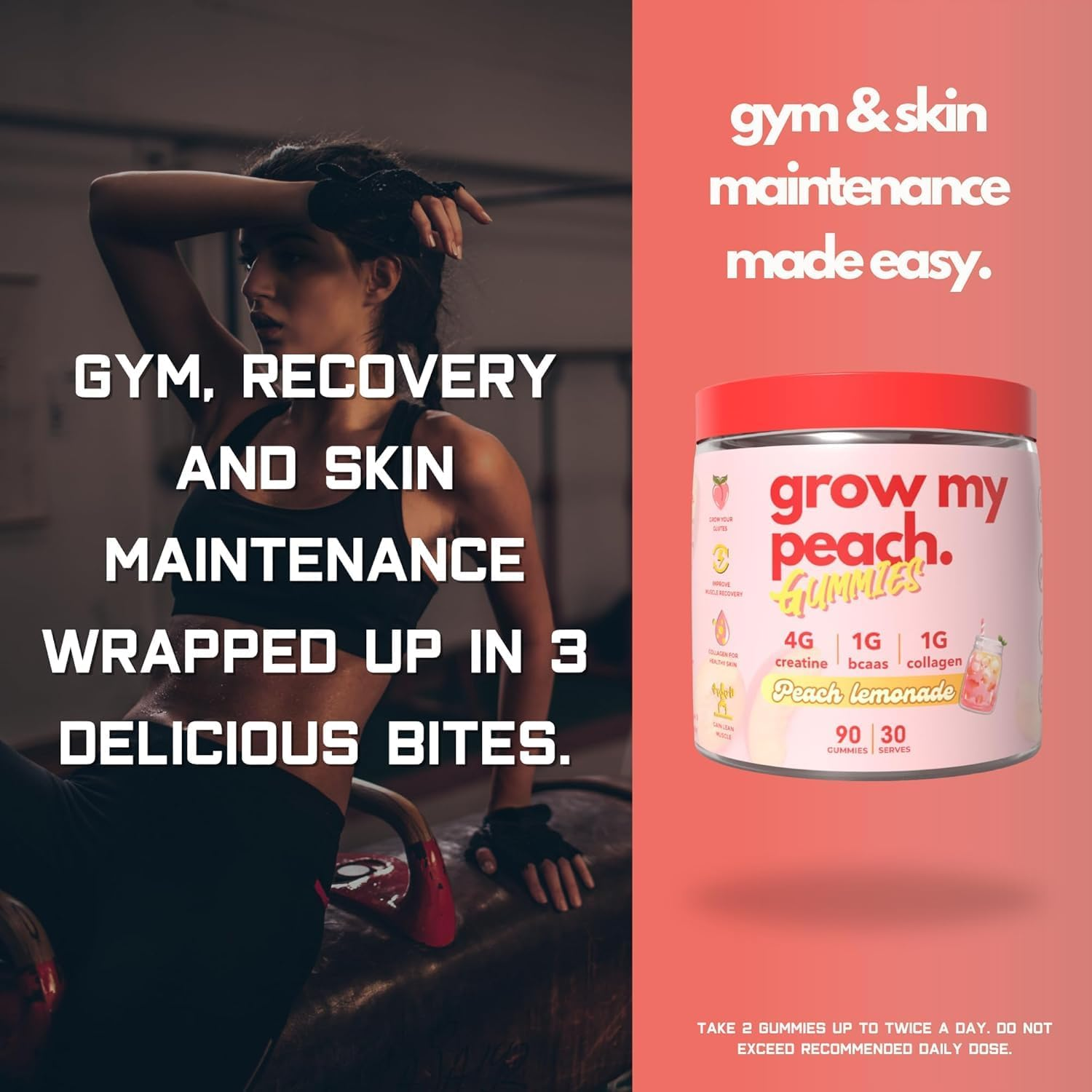 Preworkout Gummies for Women - Creatine Monohydrate 4G + Collagen Peptides + Bcaas - Grow My Peach by the Gummy Lab - Preworkout Muscle Builder, Strength & Recovery - Peach Lemonade Flavour - Non-Bloating, Women'S Fitness Supplement image number 6