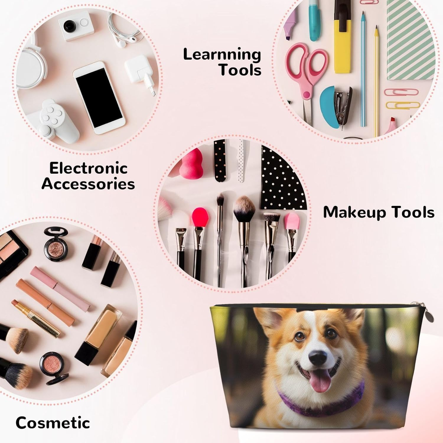 SDTYKHJ Large Capacity Makeup Bag for Women, Waterproof Portable Shaving Bag, Small Toiletry Bag, Dog, Corgi, Leather, Travel Cosmetic Organizer Bags, Gold, One Size image number 2