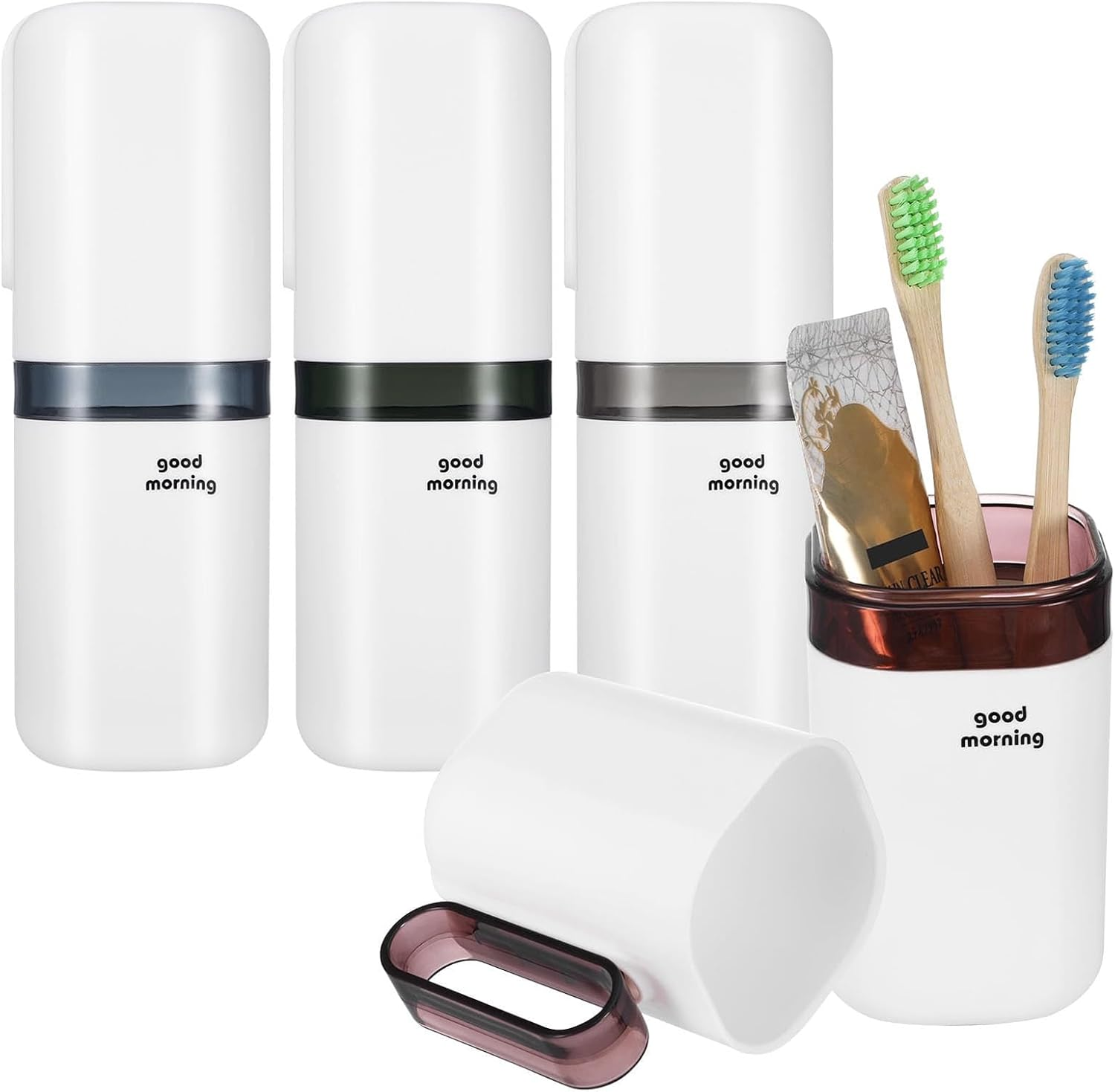 YAKESD 4 Pcs Travel Toothbrush Case Holder with Rinse Cup and Handle, Portable Toothbrush Travel Case (Green+Blue+Purple+Grey), Ideal Toothbrush Holder and Rinse Cup Set image number 2