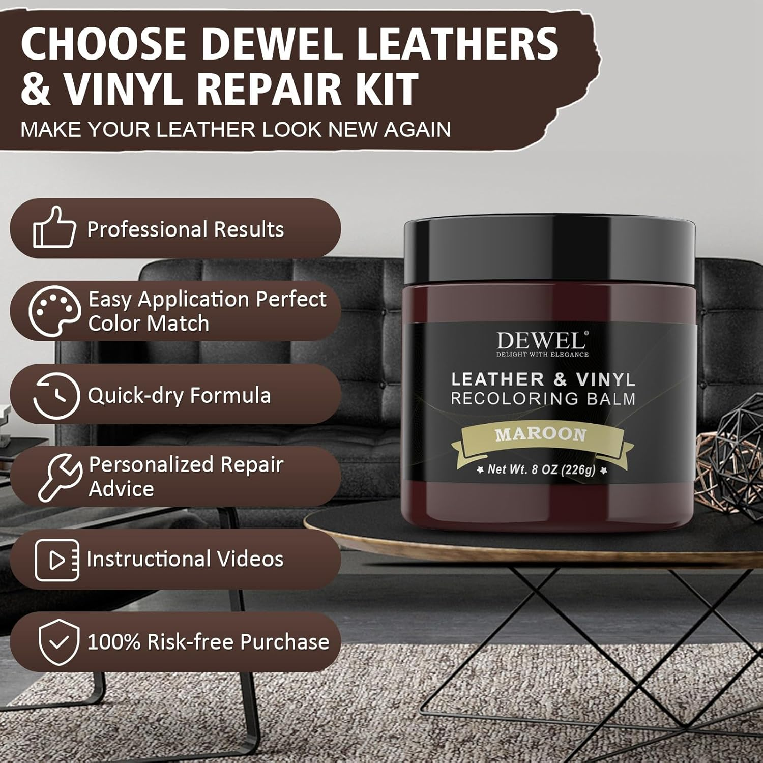 DEWEL Leather Repair Set Red Brown 200 G Car Leather Care Leather Colour Balm Faux Leather Repair Kit for Leather Restoration Cracks Holes of Sofas Cars Jackets Shoes image number 3