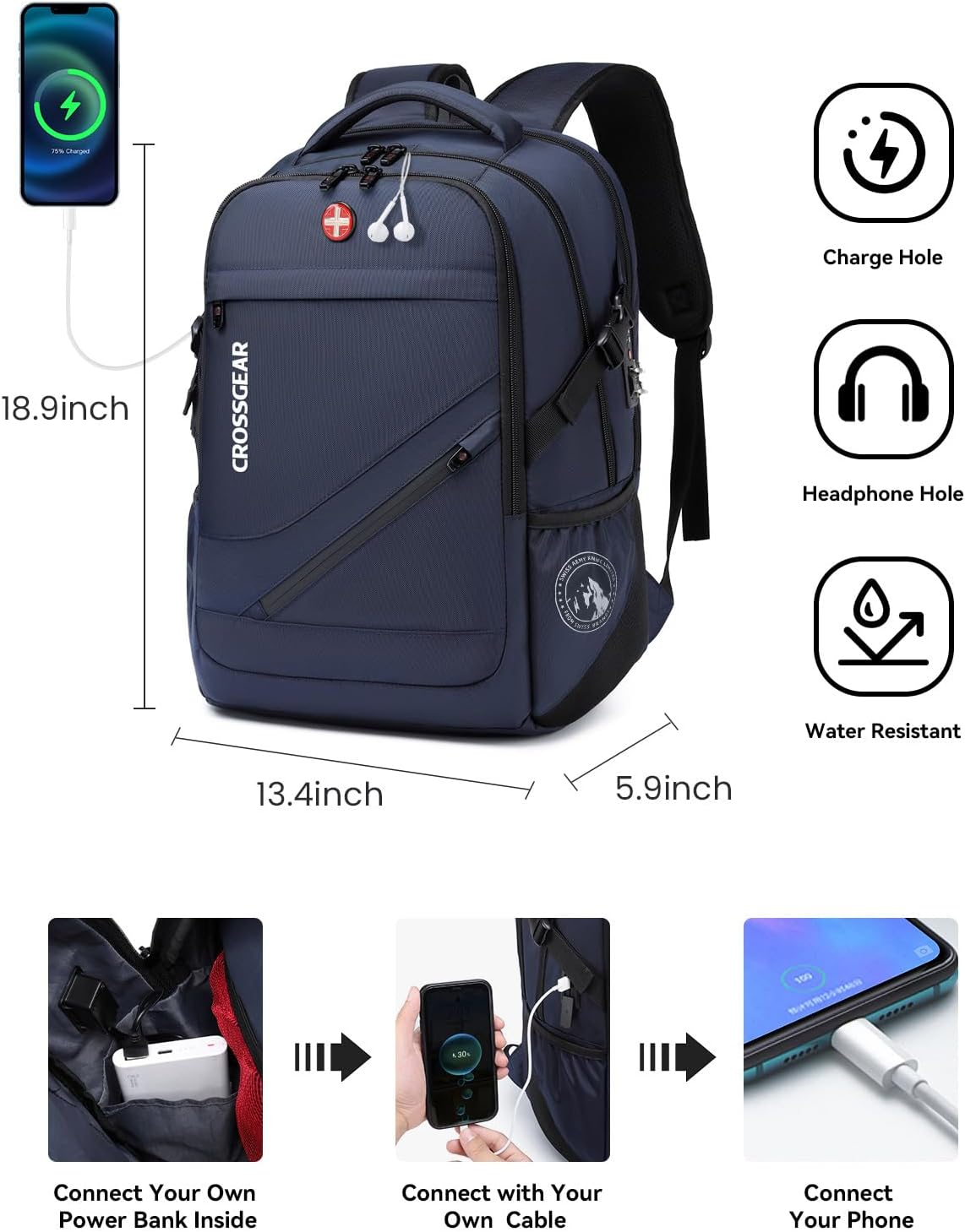CROSSGEAR Large Travel Laptop Backpack Casual Daypacks Waterproof Bookbag Airline Approved Laptop Bag image number 3