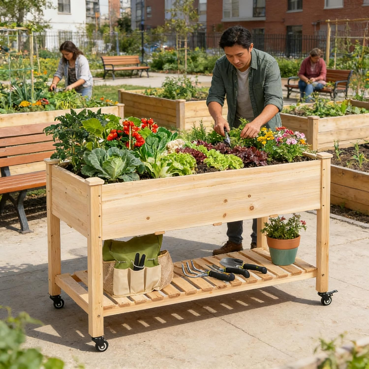 Mobile Elevated Wood Planter Box with Wheels,Raised Garden Bed for Outdoor Patio, Deck, Balcony, Backyard, 120 * 59 * 80CM image number 1