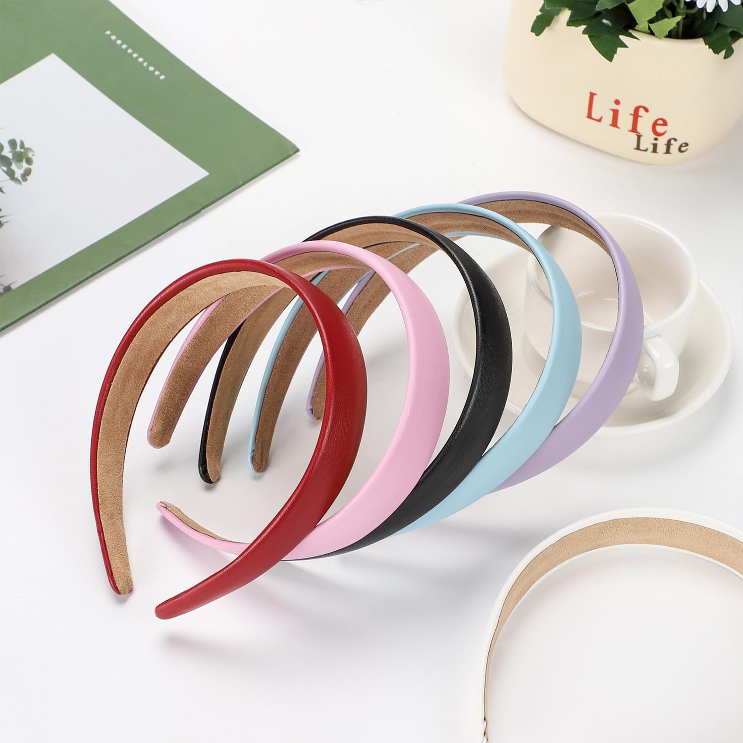 Wantgor 1 Inch PU Leather Headband, Wide Padded Hairband Fashion Hair Bands Cute Womens Headbands Holiday DIY Hair Accessories (Pink)