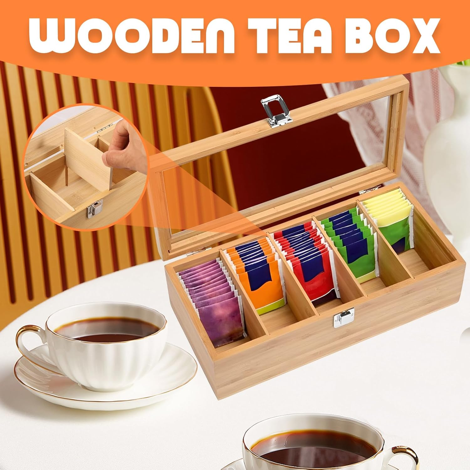 Bamboo Tea Bag Organizer Storage Box 5 Compartments Tea Box Storage Organiser Wooden Teabox with Clear Lid Portable Teabag Holder for Home Countertops Office Collections Sugar Packets image number 5