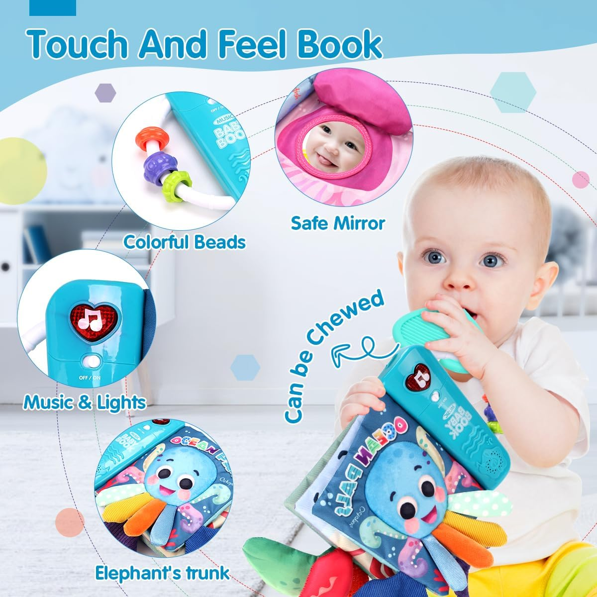 REMOKING Baby Books Toys - Touch & Feel Tummy Time Sensory Soft Books for Baby Infant 0 3 6 9 12 Months,Musical Toys with 3D Tails,Mirror,Beads,Baby Birthday,Early Learning Gifts image number 2