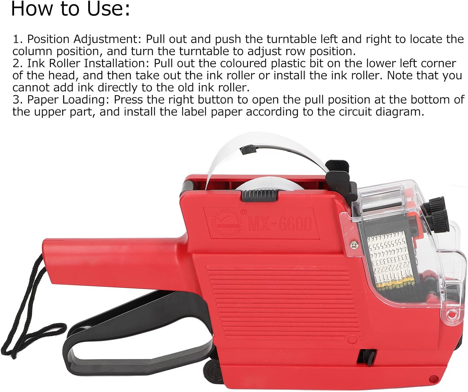 10 Digits 2 Line Price Tag Guns Labeller Marker Attacher Tool Kit Included 1Pc 2 Row Price Tag Guns 1Pc Ink Wheel for Office Retail Store，Mx-6600 Model，Red, Yellow, Blue (Red) image number 5