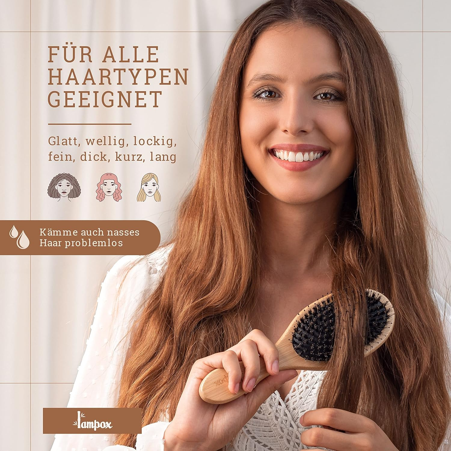 Lampox - Bamboo Hair Brush with Boar Bristles Head Massage Hair Care, Detangling Brush for Long Hair & Curls of Women, Men & Children, Massage Brush for Scalp, Detangler (Oval) image number 6