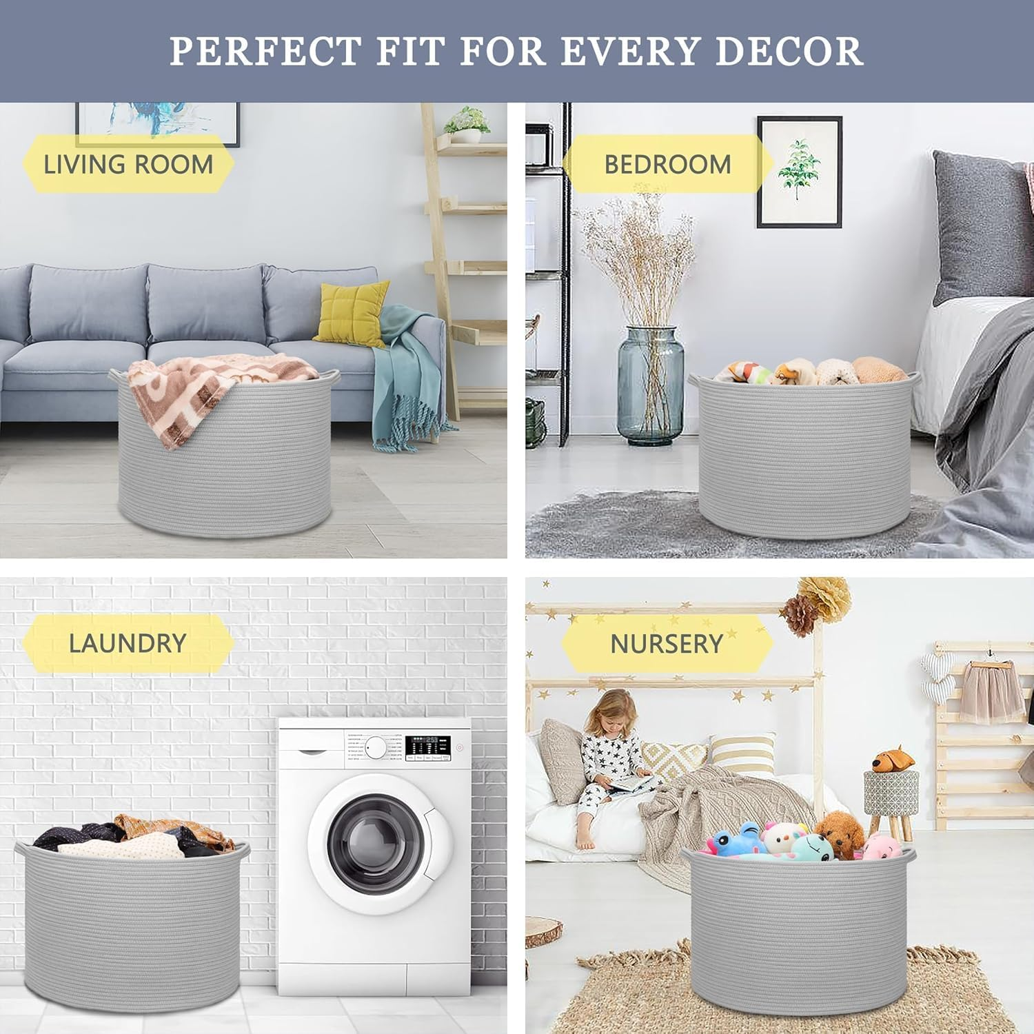 Large Blanket Basket，Large Storage Basket，Gray Wicker Woven Cotton Rope Baskets for Storage, Cotton Rope Blanket Basket for Living Room, Laundry, Nursery, Pillows, Baby Toy Chest （Gray） image number 2