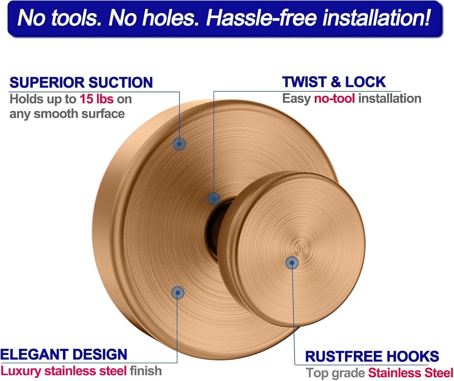 Suction Cup Hooks for Shower, Removable Towel Hooks for Bathroom Window Glass Door Wall, Bath Robe Looafh Wreath Hook for Hanging - 2 Pack, Champagne Bronze