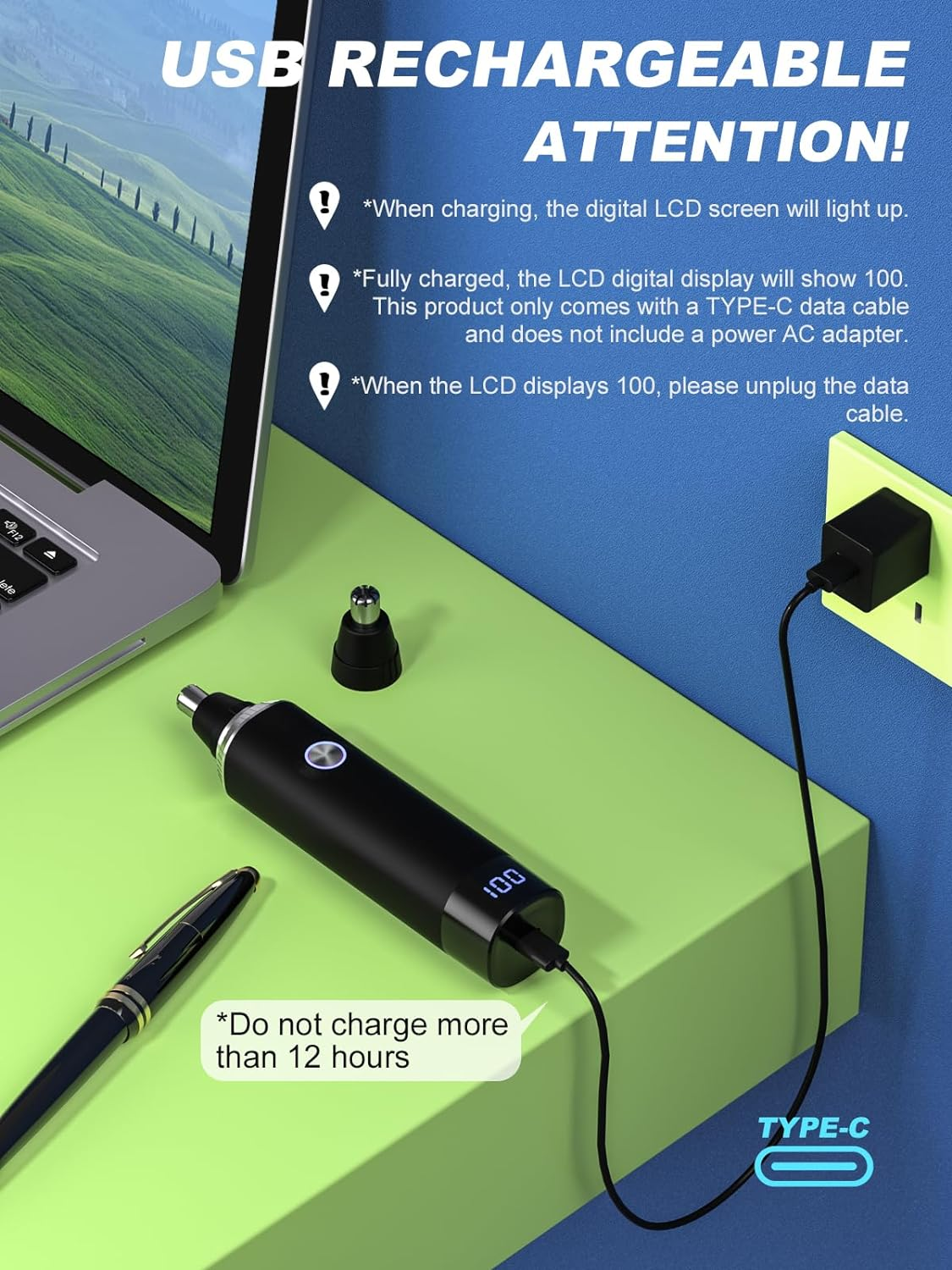 Ginity Ear & Nose Hair Trimmer with LED Display for Men Women,Painless USB Rechargeable Eyebrow & Facial & Nose Hair Trimmer Clipper,Professional IPX7 Waterproof Dual Edge Blades (Black)