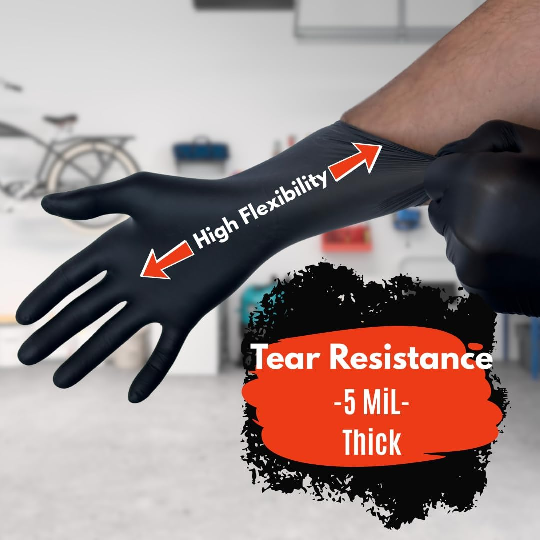 Disposable Nitrile Gloves Powder Free 100 Pieces - 5 Mil, Disposable Gloves, Cooking Gloves, Mid-Heavy Duty, Cleaning Gloves, Latex Free, Powder Free, Black image number 1
