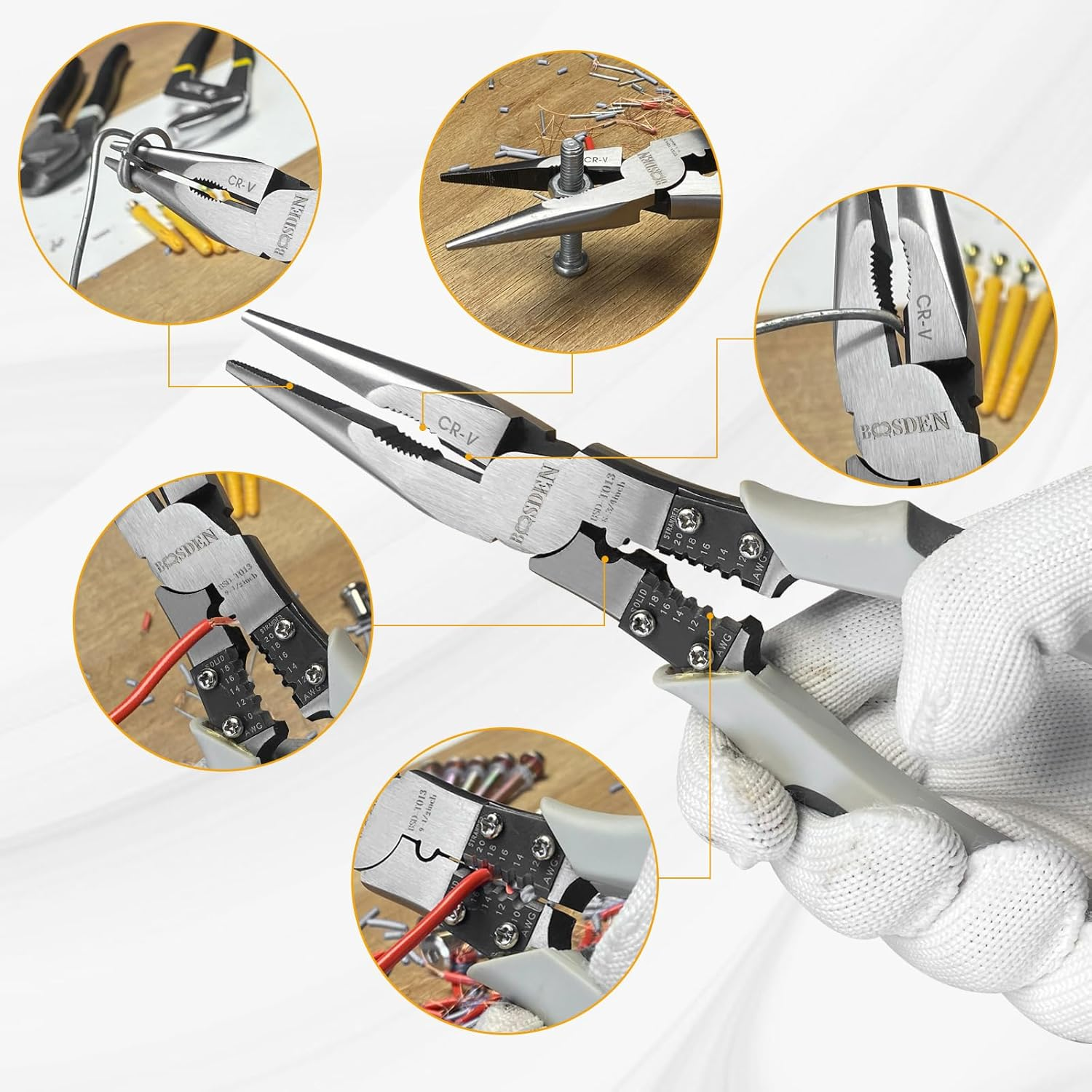 BOOSDEN Needle Nose Pliers Heavy Duty with Wire Stripper Wire Cutters Crush Crimper, 9 Inch Long Nose Pliers, Multi-Function Industrial Combination Pliers with a Portable Tool Pouch image number 4