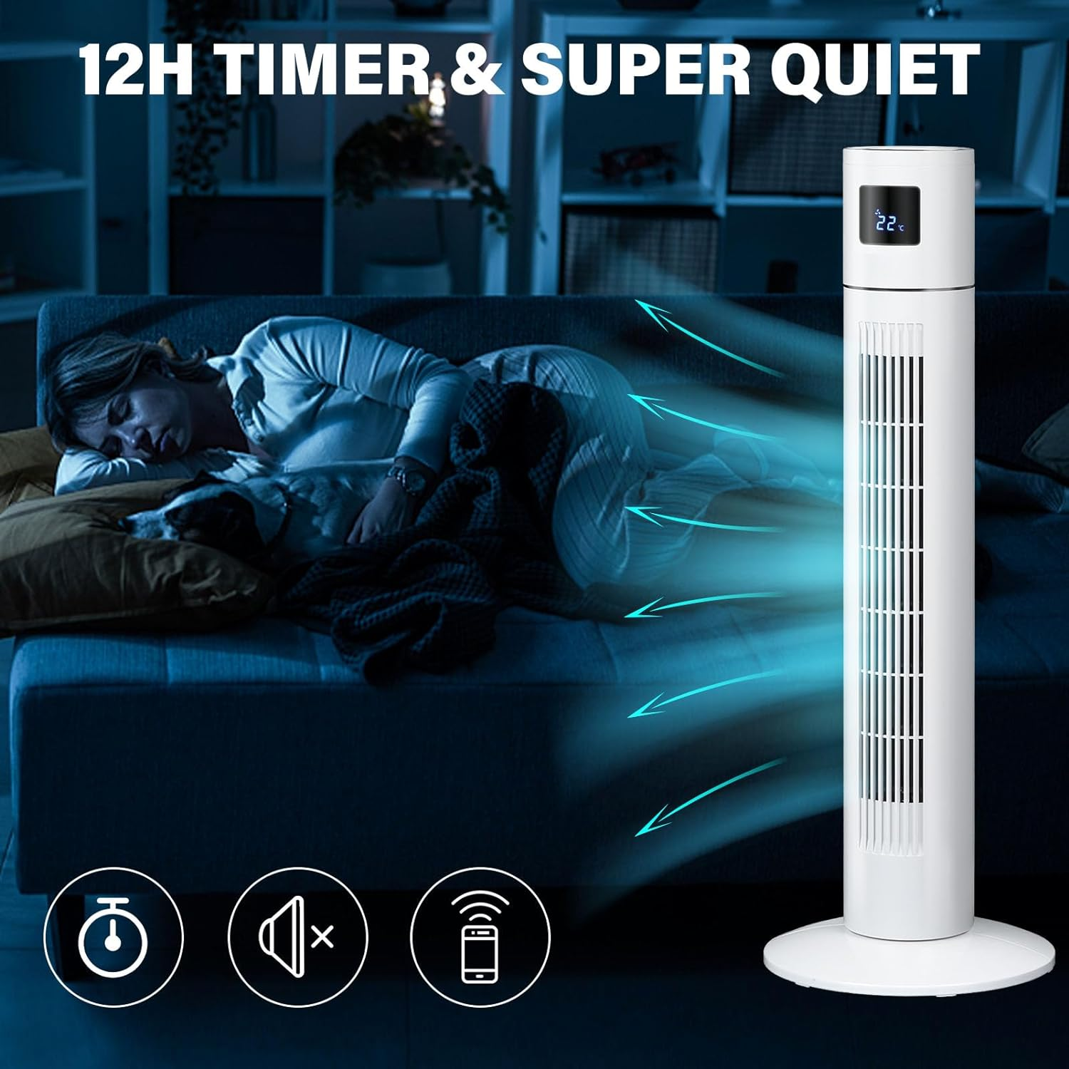 Advwin Electric Tower Fan, Bladeless Standing Fans, Portable Air Circulator with 70&deg; Oscillation for Indoor Home Large Room Bedroom Office Use image number 2