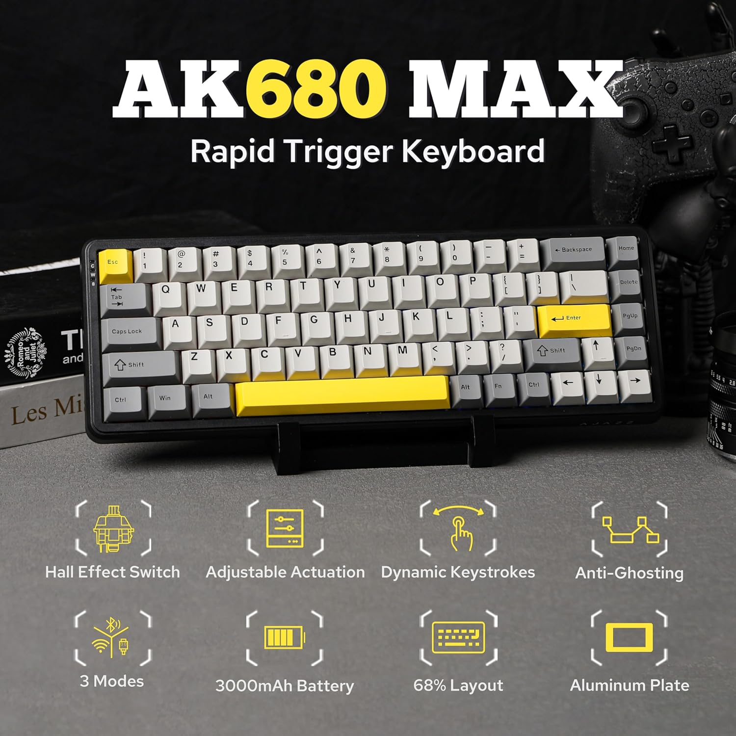 Mechlands AJAZZ AK680 MAX 3 Modes Wireless Gaming Keyboard with 8K Polling Rate, Rapid Trigger Magnetic Keyboard with Hall Effect Switch, Top Structure, RGB Backlight(Black) image number 3