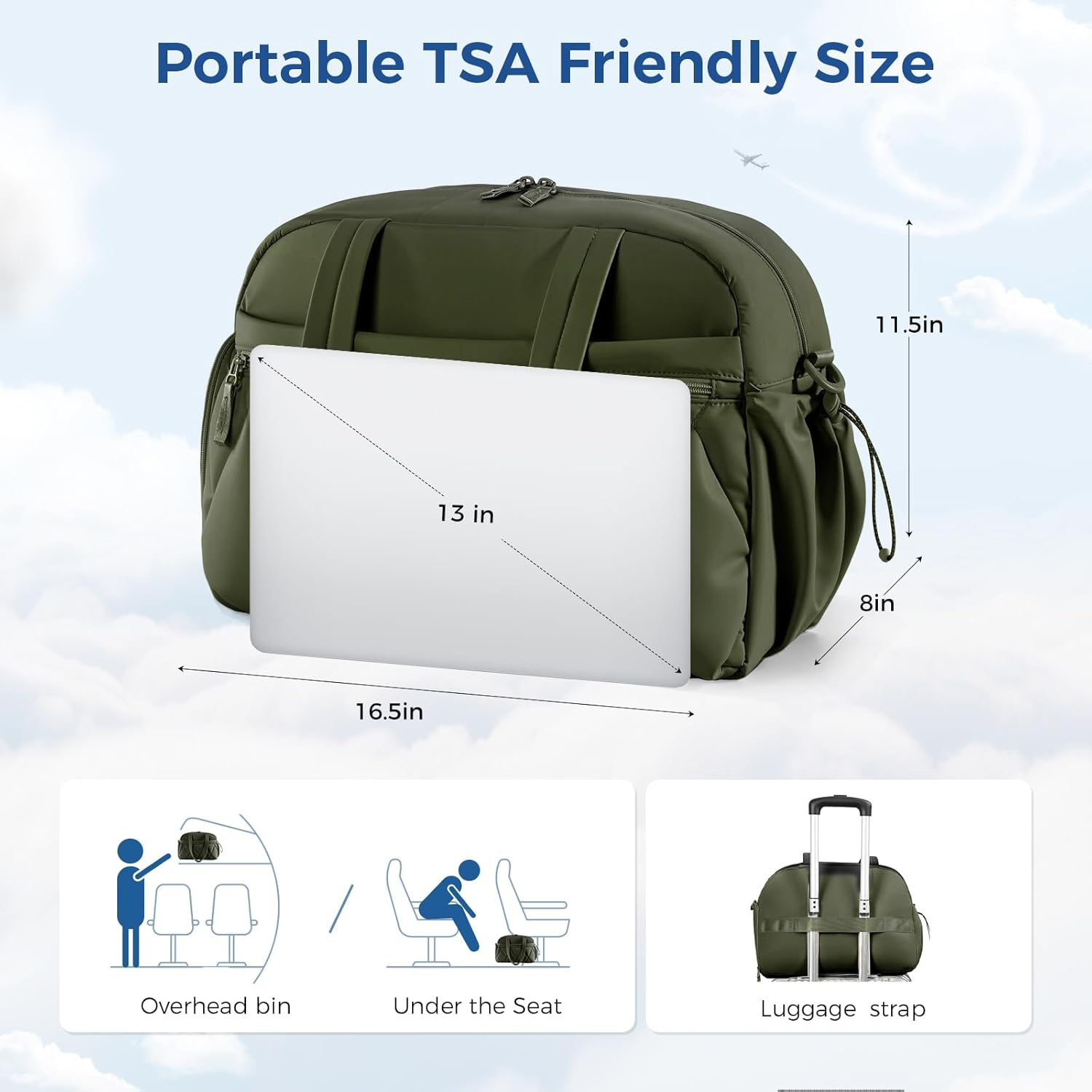 Lekespring Gym Bag for Women, Puffer Travel Duffle Bag with Shoes Compartment & Wet Pocket, Carry on Tote Bag for Weekender, Overnight, Sport, Green, Medium, Lightweight image number 5