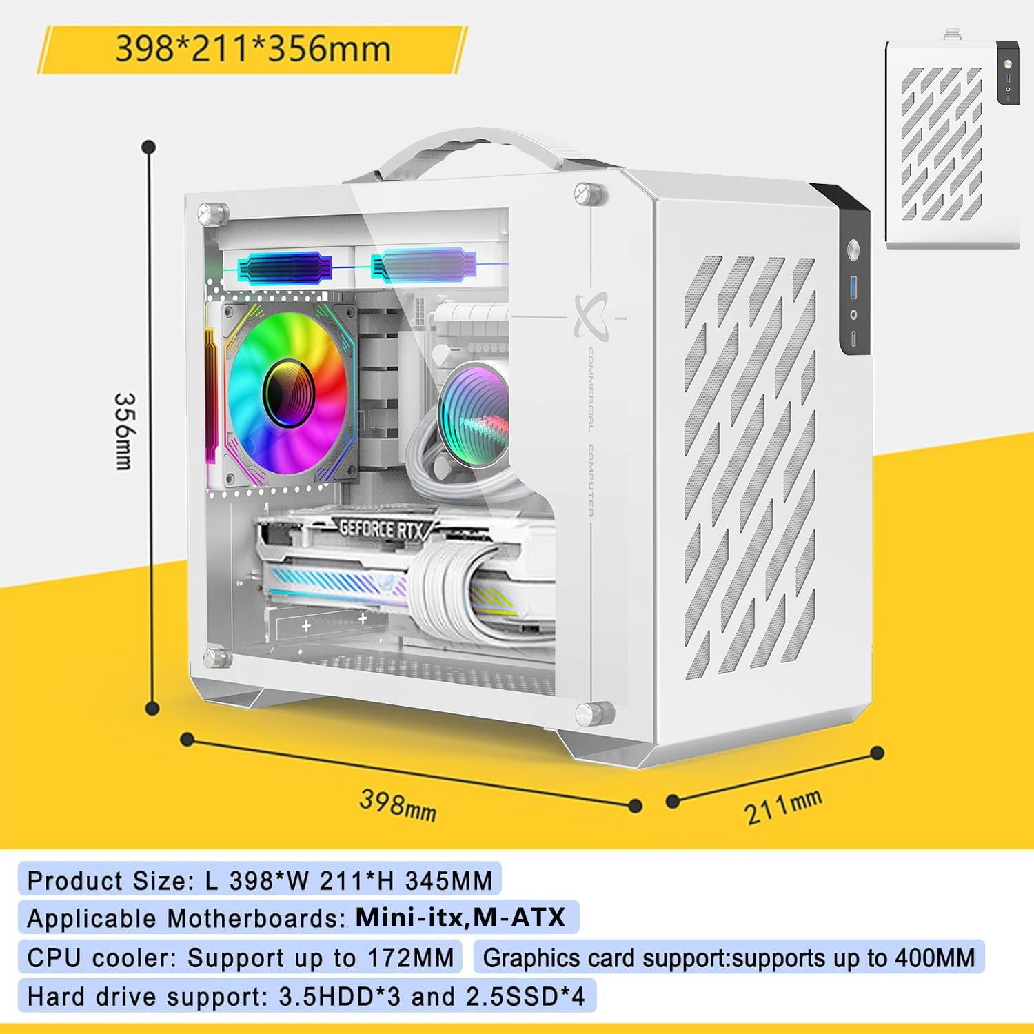 LIODUX Mini-Tower Case, Mini Portable ITX Computer Case, Full Side Glass Transparent DIY Desktop Case with Handle, Gaming PC Case 360Mm Radiator, Computer Tower Case - Fan Not Included (White) image number 6