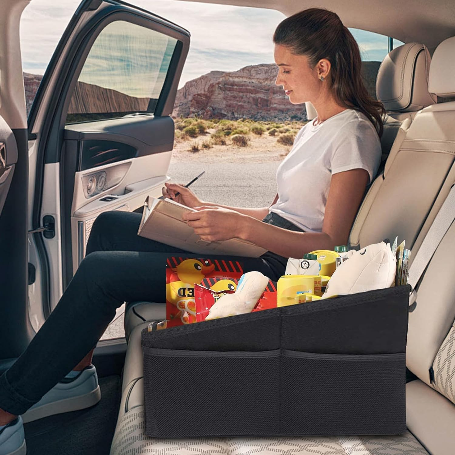 Car Seat Organizer, Collapsible Car Seat Storage Organizer for Console Front/Back Seat, Multifunction Automotive Backseat Organizer with Belt Cup Holders for Kids Travel Accessories