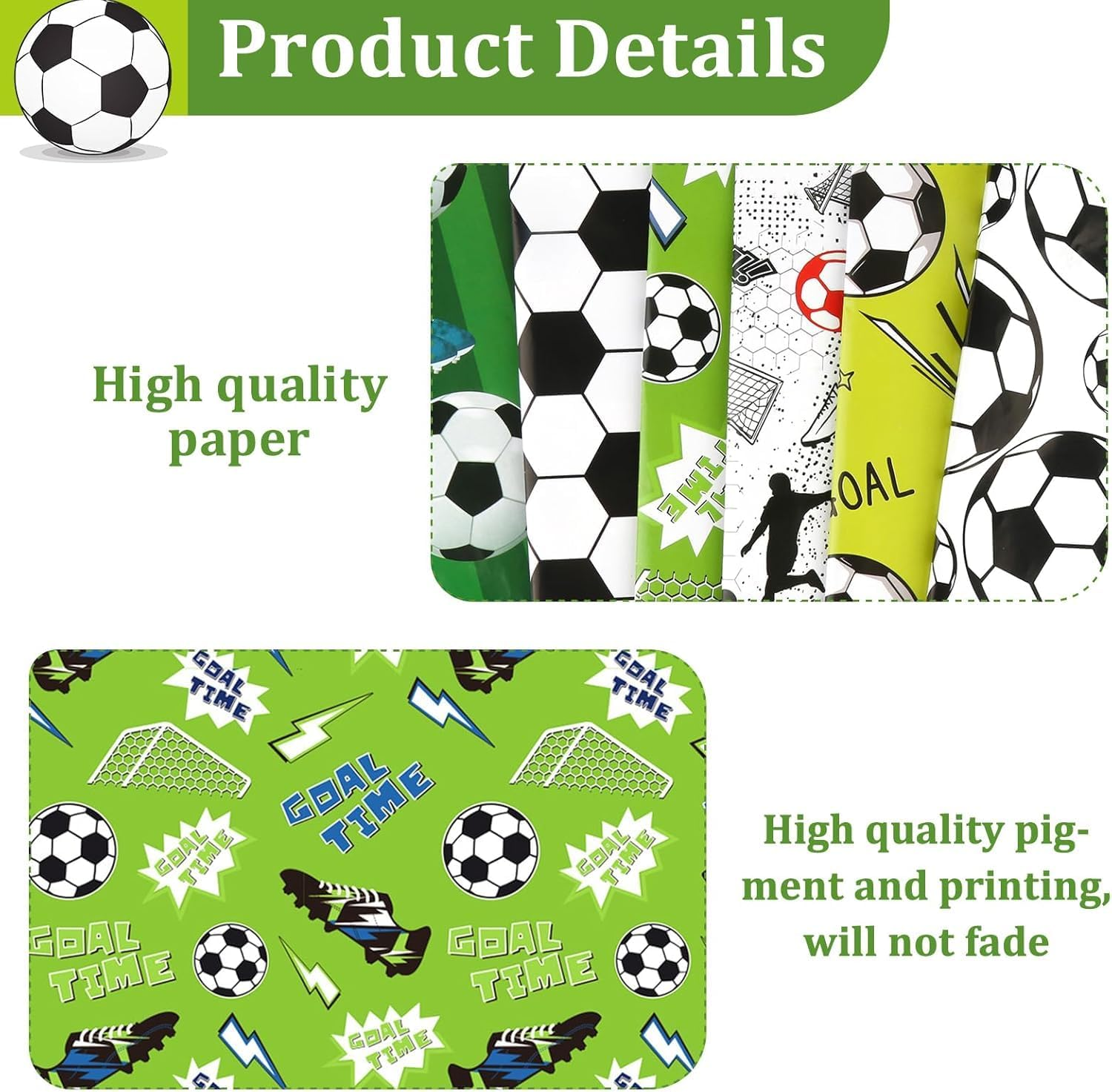 PQCLXUYA 12 Sheets Football Wrapping Paper,Boys Men Birthday Wrapping Paper Sheets with Sport Soccer Green White Mixed Design for Boys Girls Birthday Presents Party, Football Fans Gift (70X50Cm) image number 3