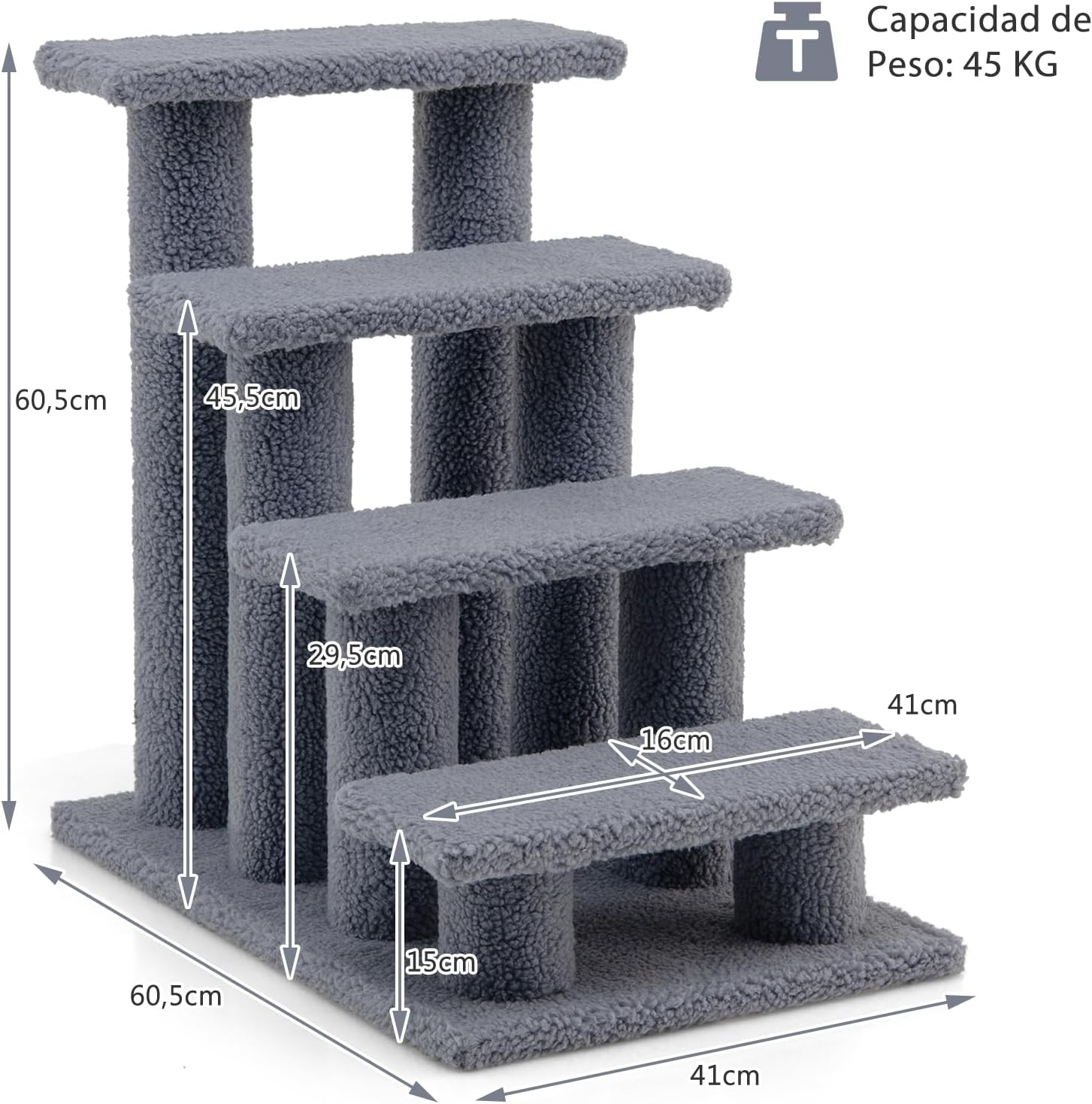 Costway 4-Step Pet Stairs for Cats and Dogs, Carpeted Cat Scratching Post Pet Ramp, 60.5 Cm Indoor Multi-Step Dog Stairs for High Beds, Couch and Sofa, Easy Assembly, Grayish White image number 1