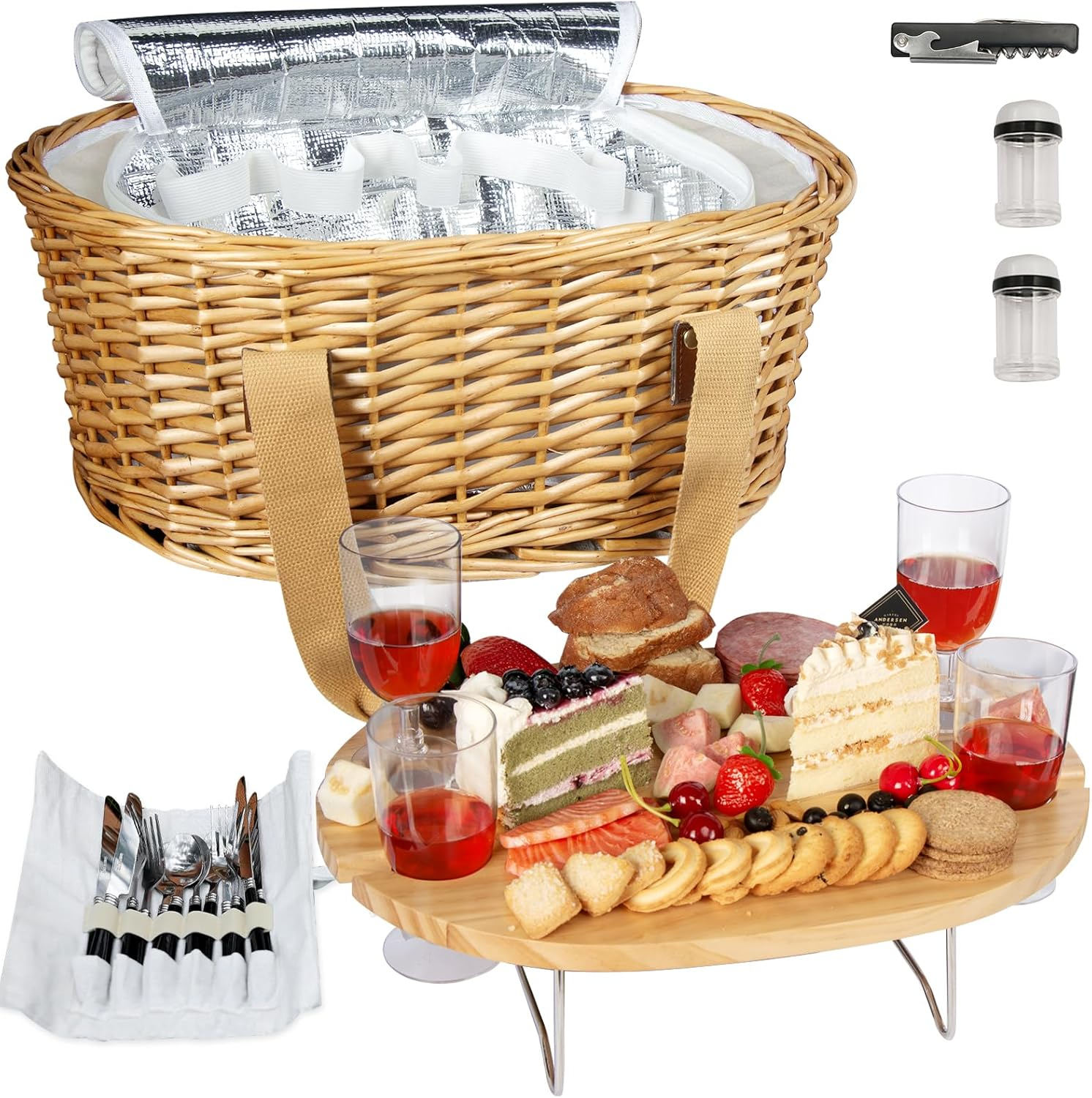 Hap Tim Wicker Picnic Basket Set for 4 with Mini Folding Wine Picnic Table & Large Insulated Cooler Bag & Cutlery Service Kits for 4 Person, Couples Gifts, Wedding Gifts (AU2209-4-CM) image number 6