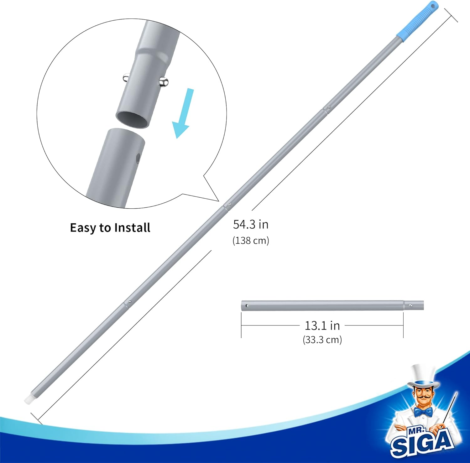 MR.SIGA 54.3 Inch Long Extension Pole, Adjustable 4 Pieces Aluminum Pole for Window Squeegee