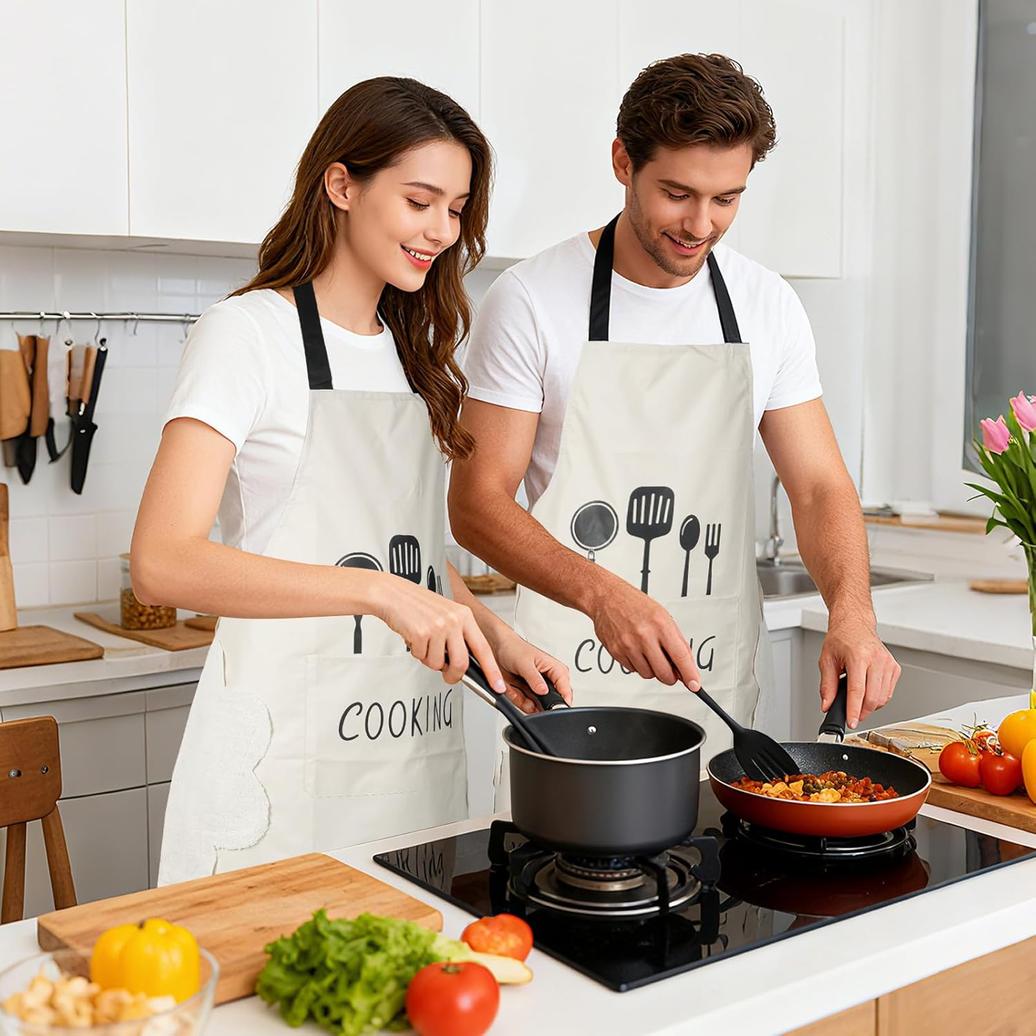 DILLMAN Women Kitchen Apron with Hand Wipe Pockets，Big Pocket,Hand-Wiping, Waterproof for Cooking Baking, Black + White - Blue image number 6