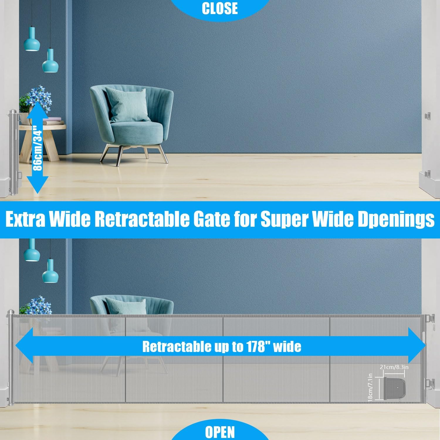 Universal Fit Retractable Baby Gate - Extra Wide Coverage up to 177" - Easy Install Durable Mesh Material for Dogs Indoor with Door (Grey, 86CM X 450CM) image number 4
