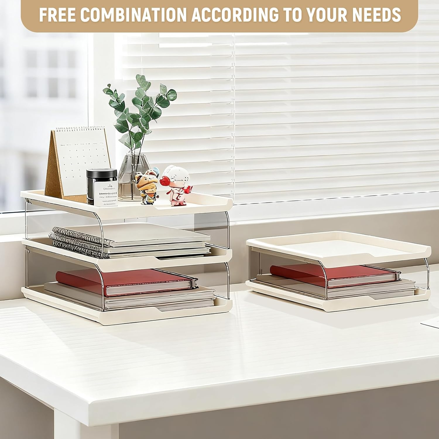 Desk Organiser and Storage, 4-Tier Paper Letter Tray Organiser, Stackable Clear Desktop Organiser, Storage Compartments, Stackable Order for Documents, Paper, Book Magazine, Office Supplies image number 1